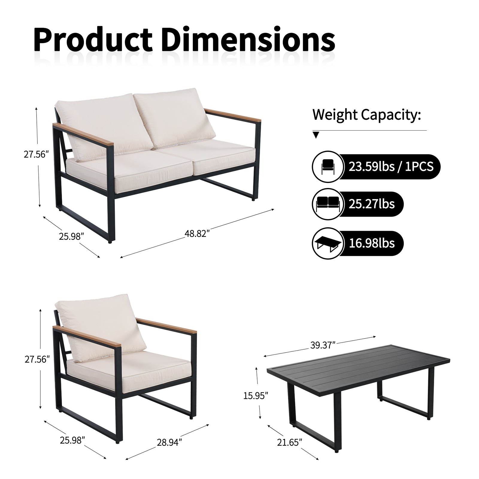 GARVEE 4-Piece Outdoor Patio Furniture Set - All-Weather Metal Conversation Set with Loveseat, 2 Chairs & Coffee Table - Thick Cushioned Seating for Porch, Deck, Garden, Balcony, Bistro (Black & Beige) - Perfect for Backyard Relaxation, Outdoor Entertaining & Coffee Mornings