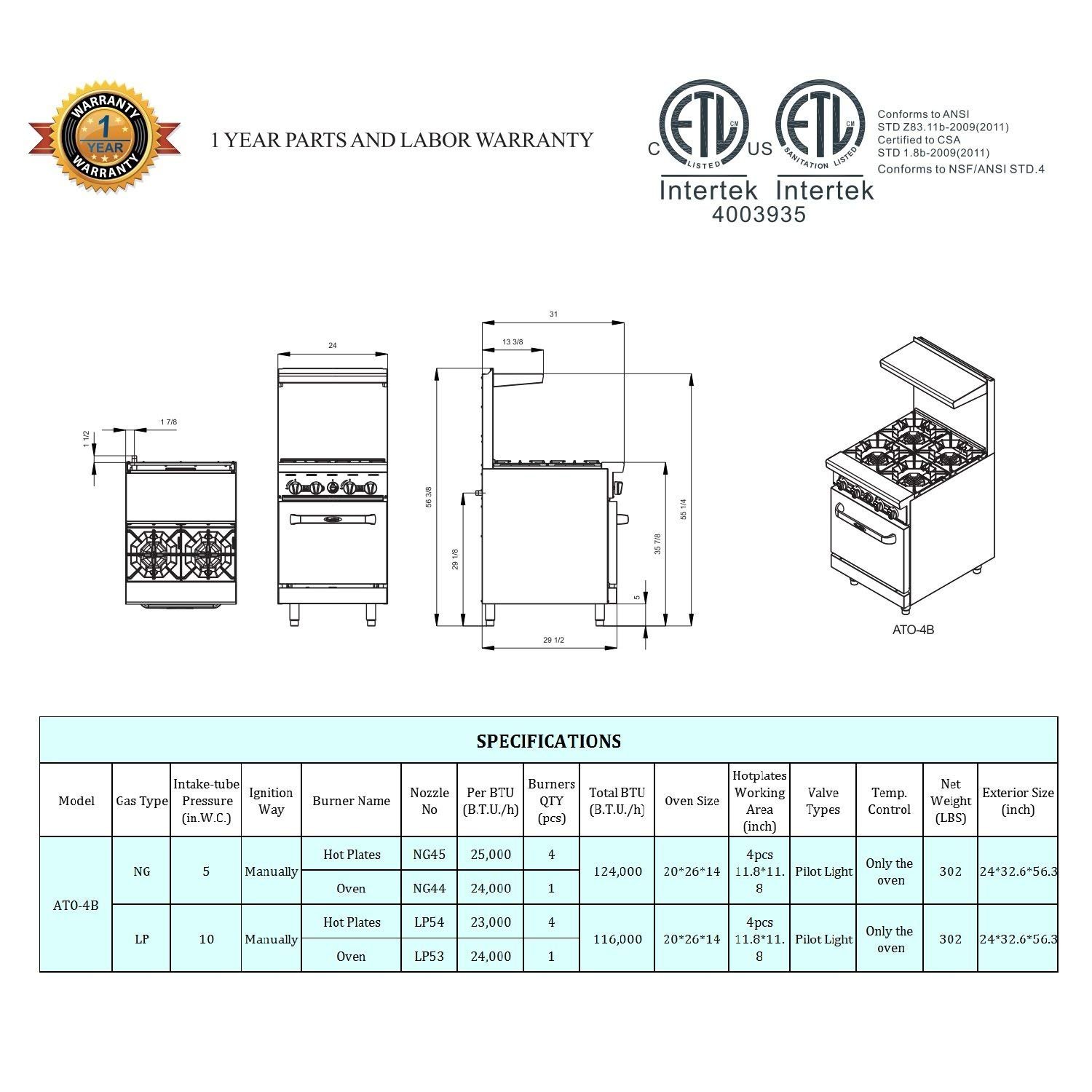 CookRite ATO-4B 24-Inch Commercial Natural Gas Range with 4 Burners & Standard Oven - 124,000 BTU High Power for Restaurant, Catering & Commercial Kitchen Cooking