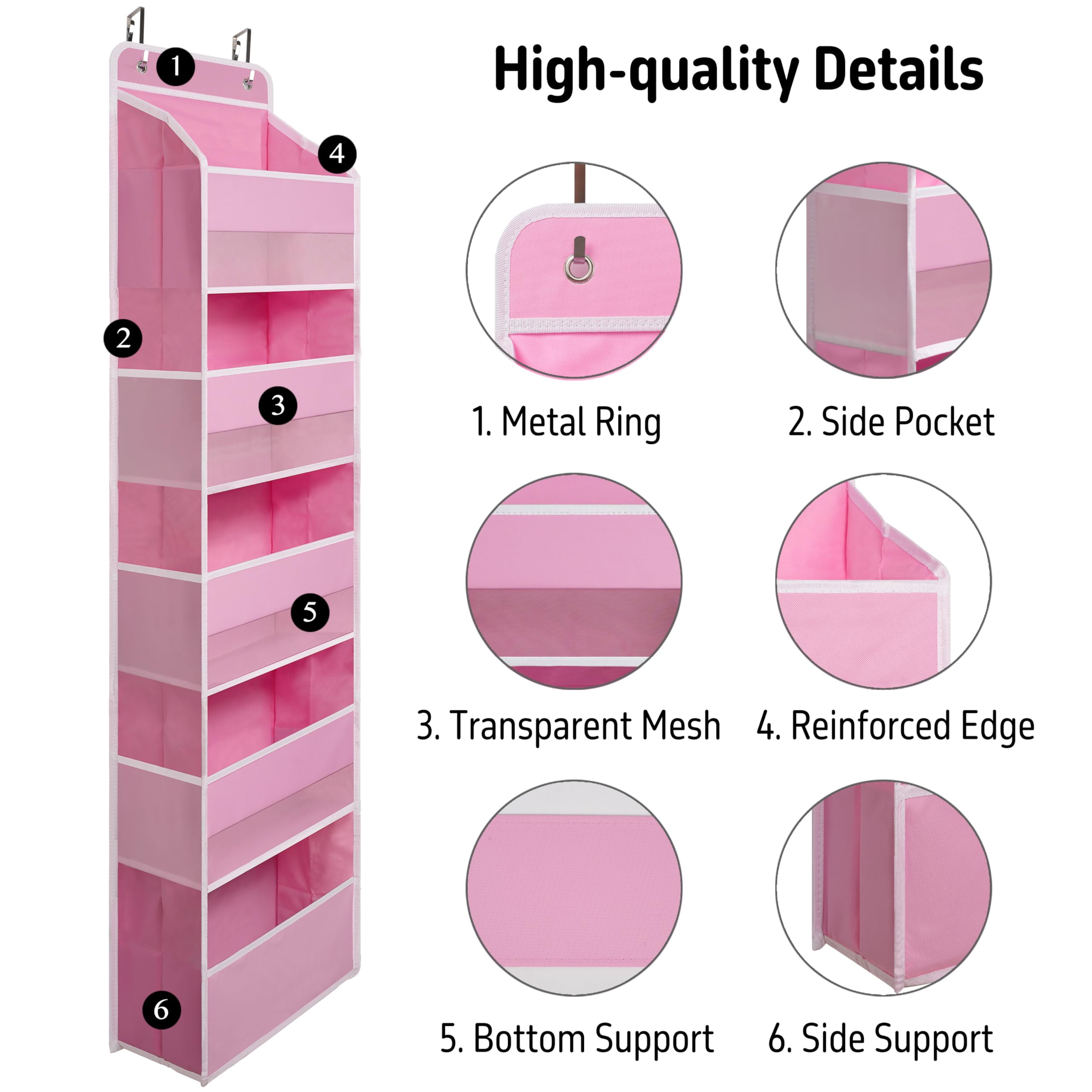 Over Door Organizer with 5 Large Pockets - Heavy Duty Hanging Storage for Closet, Bathroom, Nursery & Dorm - Perfect for Toys, Cosmetics, Sundries & Baby Essentials (Pink) - Space Saving Solution for Small Rooms & Apartments