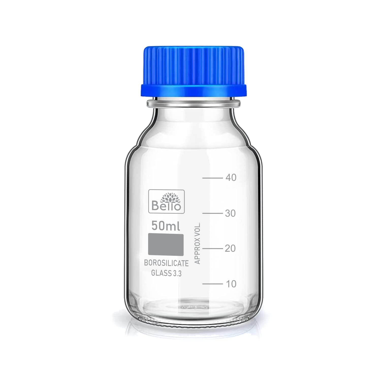 Borosilicate Glass Reagent Bottle 50ml with Leak Proof Blue Screw Cap - Wide Mouth Chemical Storage Bottle for Lab, Laboratory, Kitchen & Professional Use - Ideal for Storing Chemicals, Essential Oils, Spices & DIY Solutions