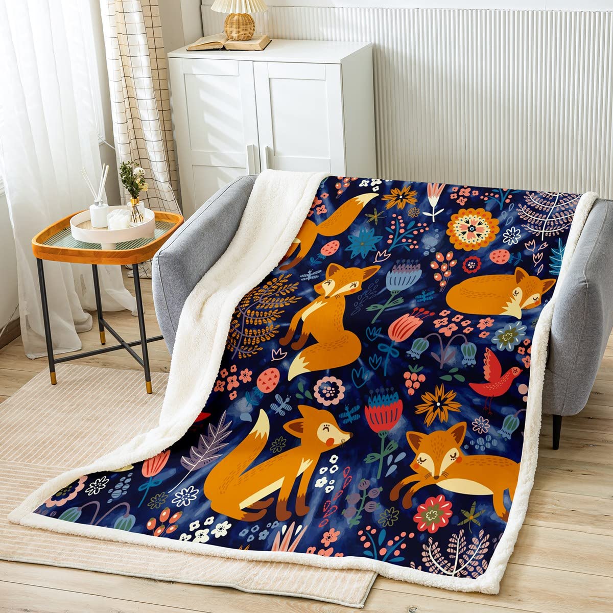 Castle Fairy Cute Foxes & Tropical Flowers Fleece Throw Blanket - Queen Size 90x90 Inches - Soft Cartoon Animal Bed Blanket for Kids, Teens & Girls Room Decor - Perfect for Cozy Bedroom, Dorm, Sofa & Winter Snuggling