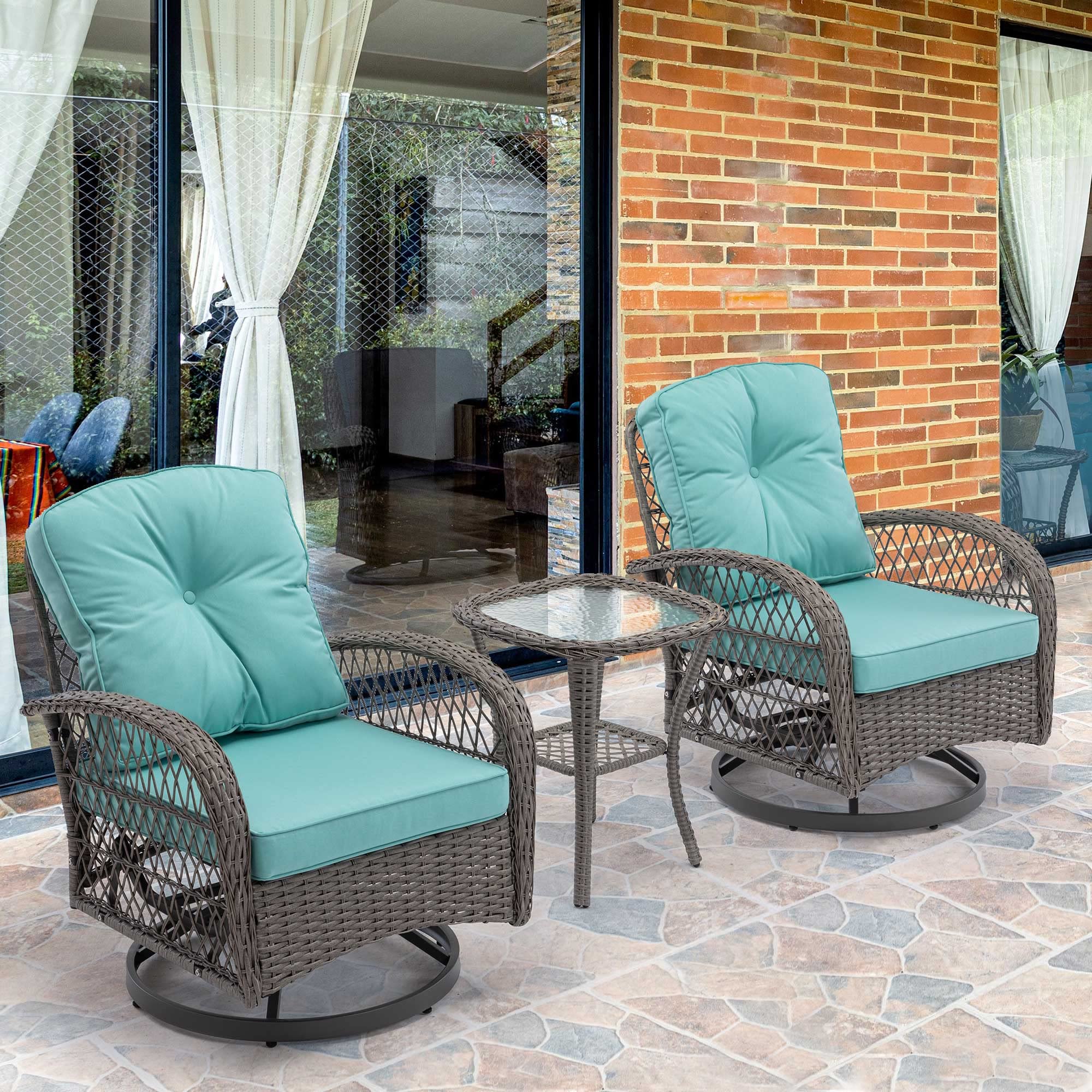 HOMEFUN 3-Piece Outdoor Swivel Rocker Patio Set - 360 Degree Rotating Wicker Bistro Chairs with Cushions & Coffee Table - Perfect for Garden, Balcony, and Backyard Relaxation