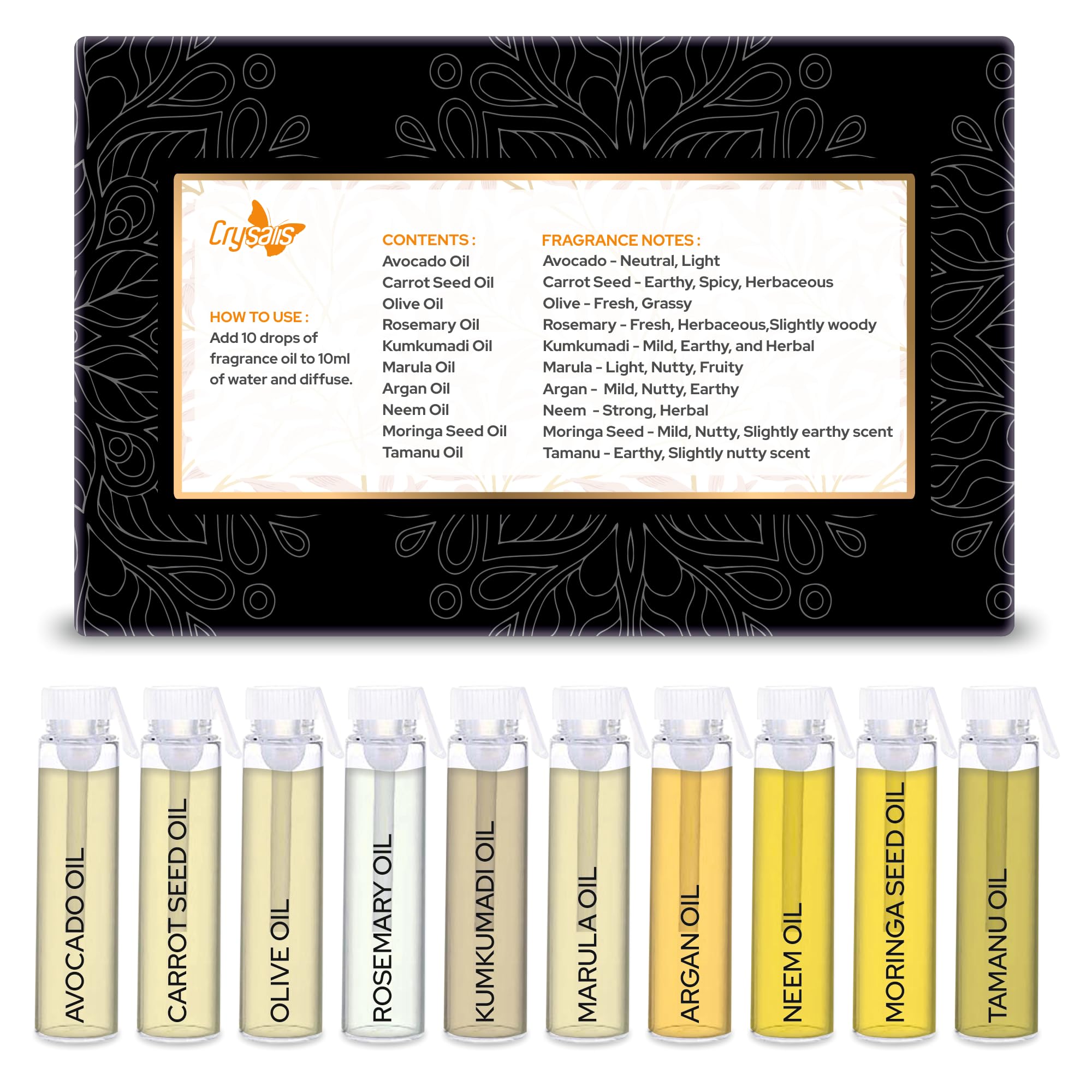 Organic Crysalis Skin Care Oil Set - 10 x 3ml (Avocado, Carrot Seed, Olive, Rosemary, Kumkumadi, Marula, Argan, Neem, Moringa, Tamanu) | Natural Face & Hair Treatment | Perfect for DIY Beauty, Massage & Aromatherapy