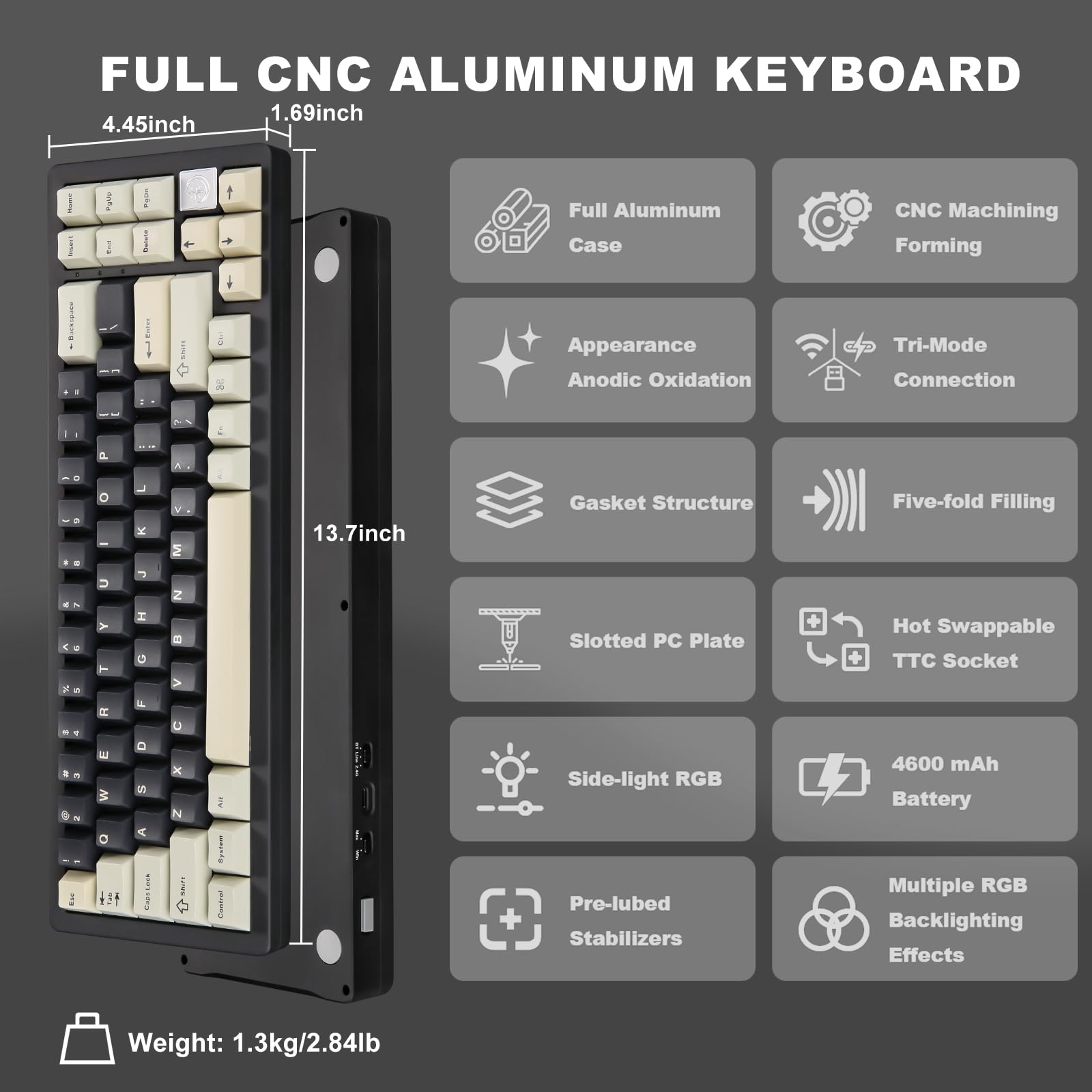 YUNZII AL71 68% Mechanical Keyboard - Full Aluminum CNC Frame, Hot-Swappable Gasket Mount, 2.4GHz Wireless/BT5.0/USB-C Wired, NKRO Programmable RGB Backlit Keyboard with Creamy White Switches for Windows/Mac (Black) - Perfect for Gaming, Office Work & Typing Enthusiasts