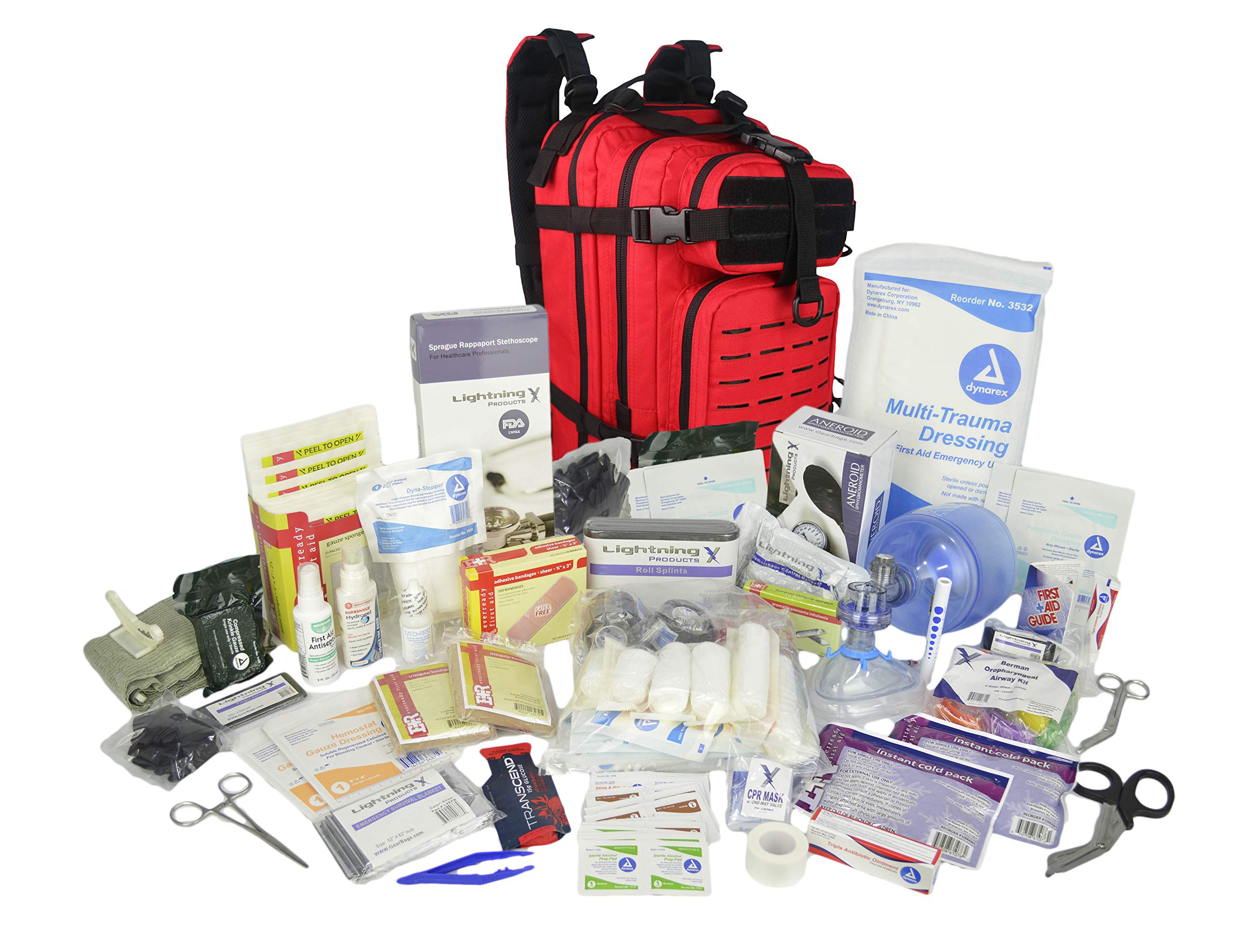 Lightning X Stocked EMS/EMT Trauma & Bleeding First Aid Responder Medical Backpack + Kit (Red) - Emergency Medical Supplies for First Responders, Paramedics & Outdoor Adventures
