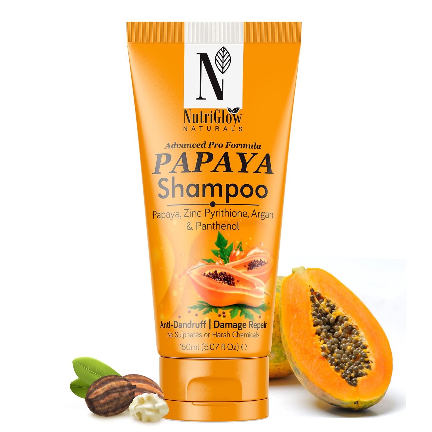 NutriGlow NATURAL'S Advanced Pro Formula Papaya Shampoo for Hair Loss Control & Thinning Hair - 150ml | Sulfate-Free & Natural Ingredients for All Hair Types | Perfect for Daily Use & Scalp Care