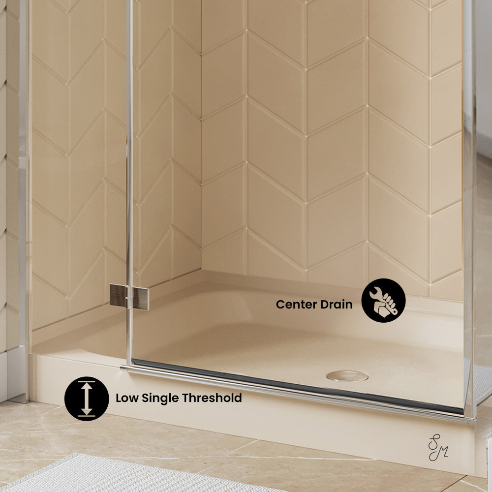 Voltaire 48 x 32 Inch Single Threshold Shower Base with Center Drain in Biscuit Color - Perfect for Bathroom Remodeling and Modern Shower Installations