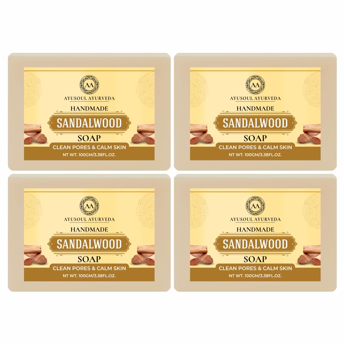 Ayusoul Ayurveda Khadi Herbal Natural Sandalwood Bath Soap - 4 Pack for Soothing & Glowing Skin | Gentle Cleansing, Moisturizing & Aromatherapy | Perfect for Daily Use, Spa Days & Relaxing Baths