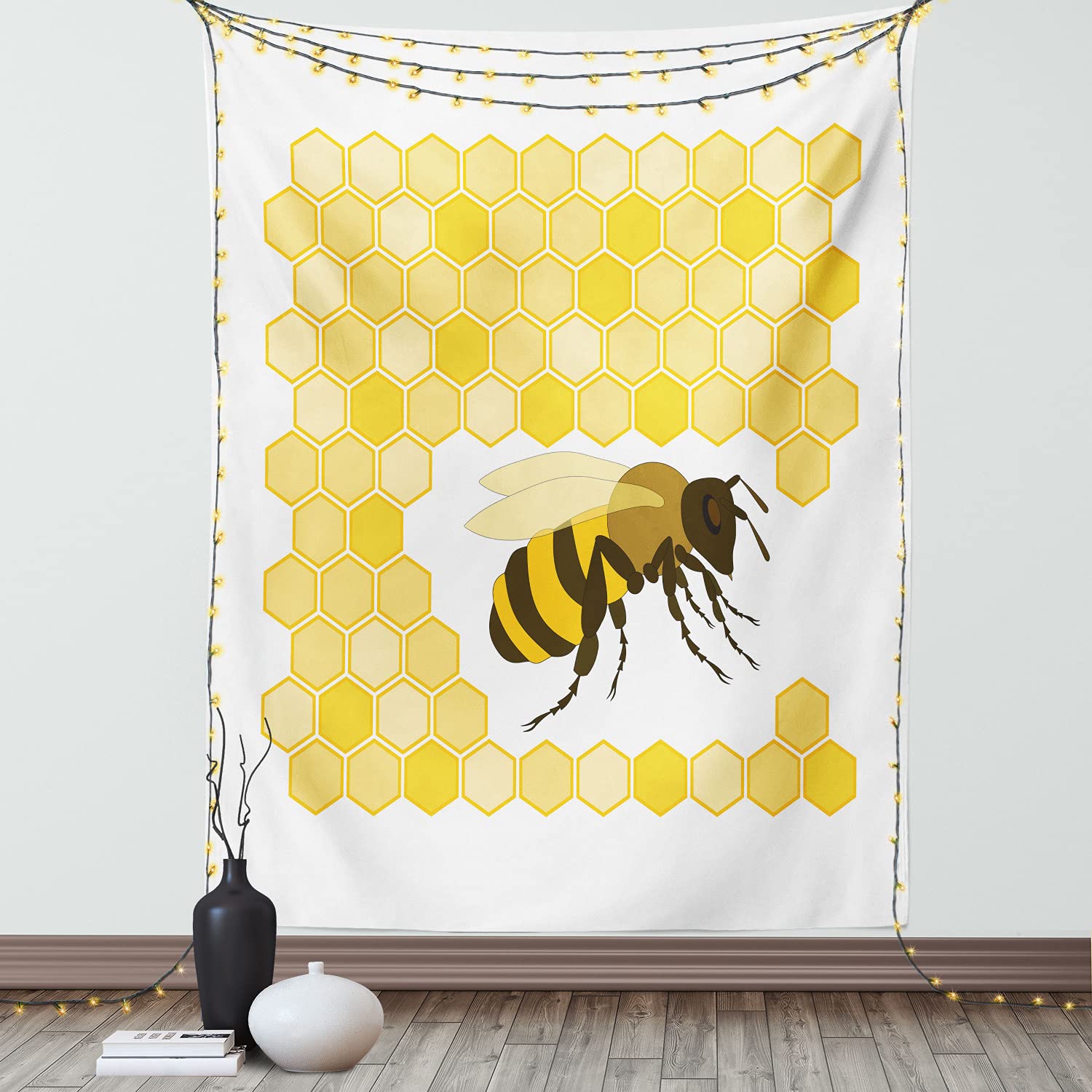 Ambesonne Honey Bee Tapestry Wall Art - Single Bug Silhouette with Monochrome Hexagon Pattern - 40