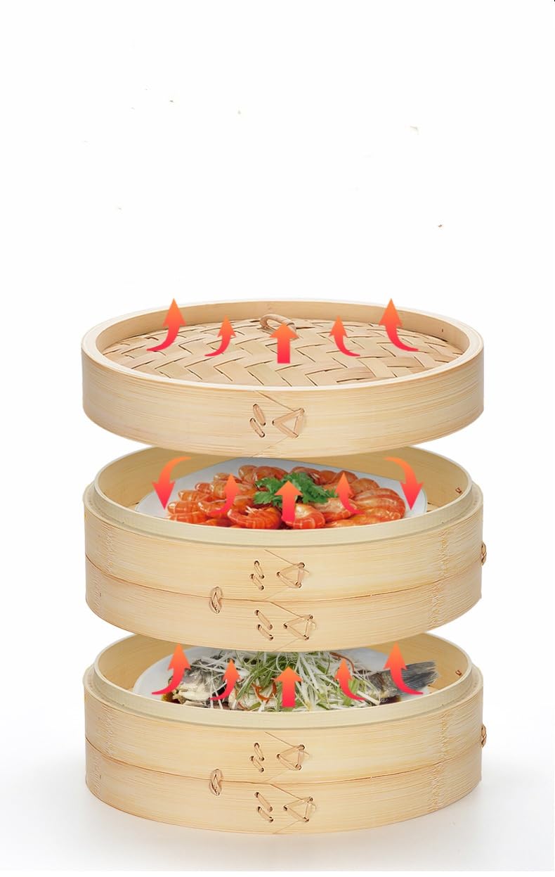 Premium Bamboo Steamer Basket - Handmade 2-Tier Traditional Design for Dumplings, Dim Sum, Vegetables & Meat | Includes 2 Cotton Liners (6-Inch) | Perfect for Asian Cooking, Meal Prep & Healthy Steaming at Home