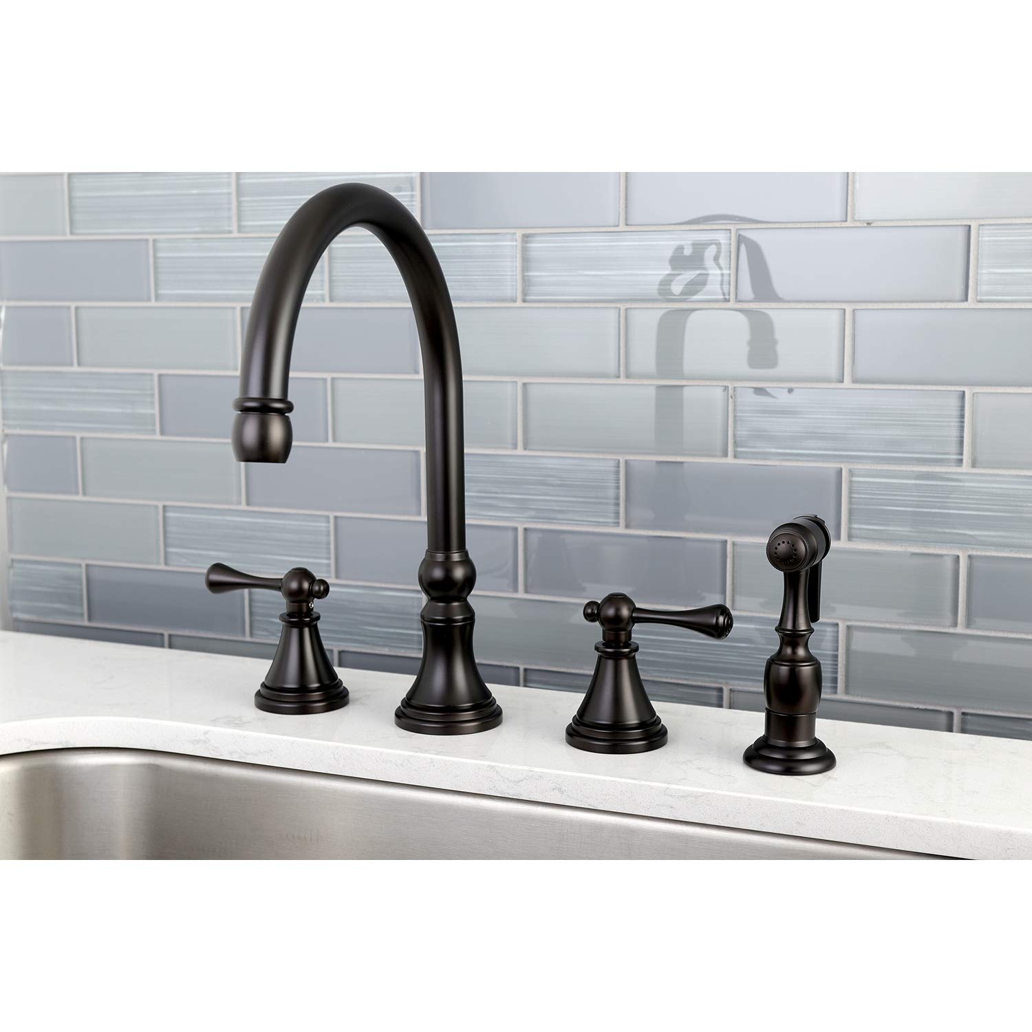 Elements of Design ES2795BLBS Governor 8-16 Inch Widespread Kitchen Faucet with Brass Sprayer - Oil Rubbed Bronze Finish - Perfect for Modern Farmhouse & Industrial Style Kitchens