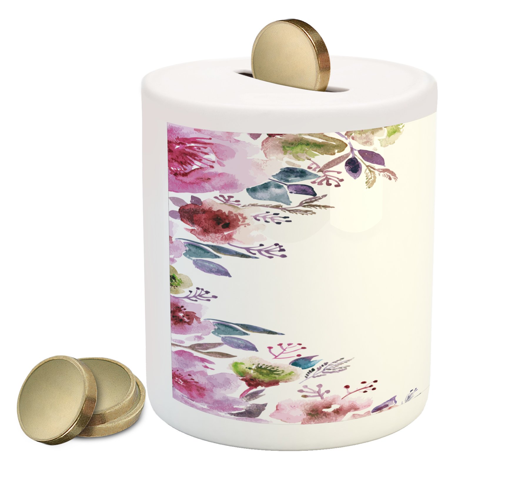 Ambesonne Floral Ceramic Piggy Bank - Money Box with Watercolor Flower Bouquet Design for Cash Saving, Fuchsia Green Blue - Perfect for Bridal Showers, Baby Showers, and Home Décor