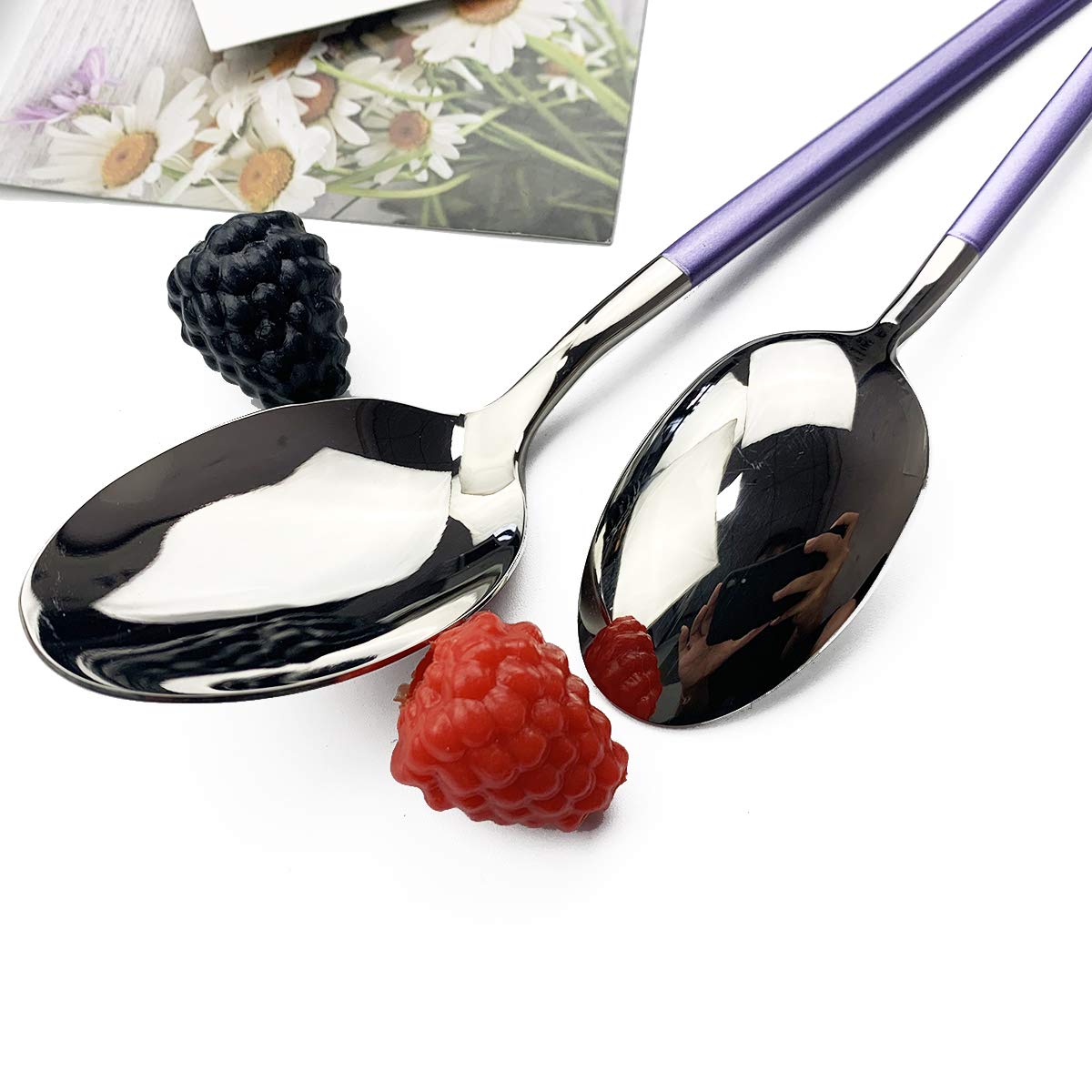 JASHII 5-Piece Modern Silverware Set - 18/10 Stainless Steel Flatware with Square Edge - Elegant Mirror Polished & Dishwasher Safe Kitchen Utensils for 1 (Purple Silver) - Perfect for Dining, Gifts & Home Decor