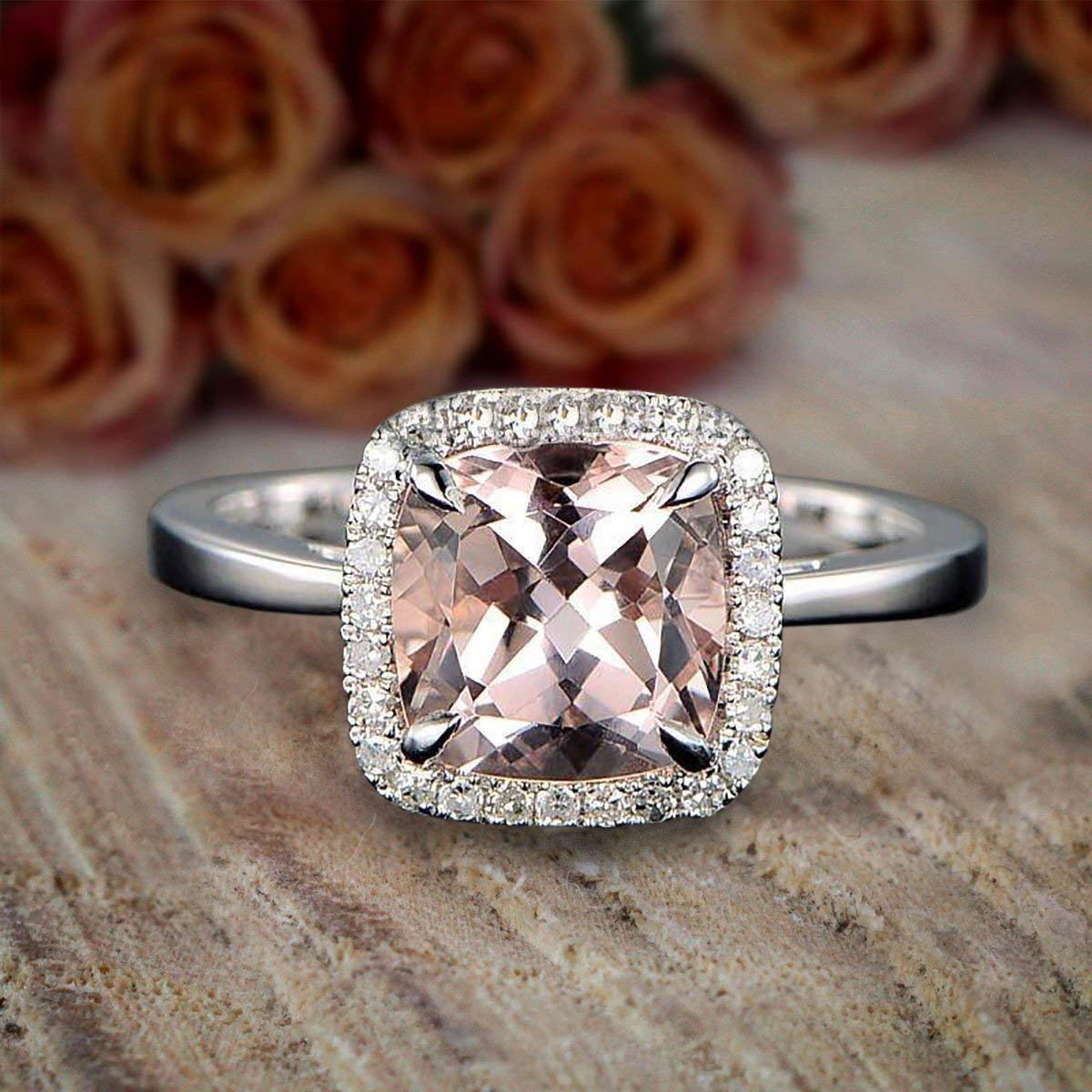 1.25 Carat Cushion Cut Peach Pink Morganite & Diamond Halo Engagement Ring - 18k Gold Plated - Perfect for Proposals, Anniversaries & Special Occasions