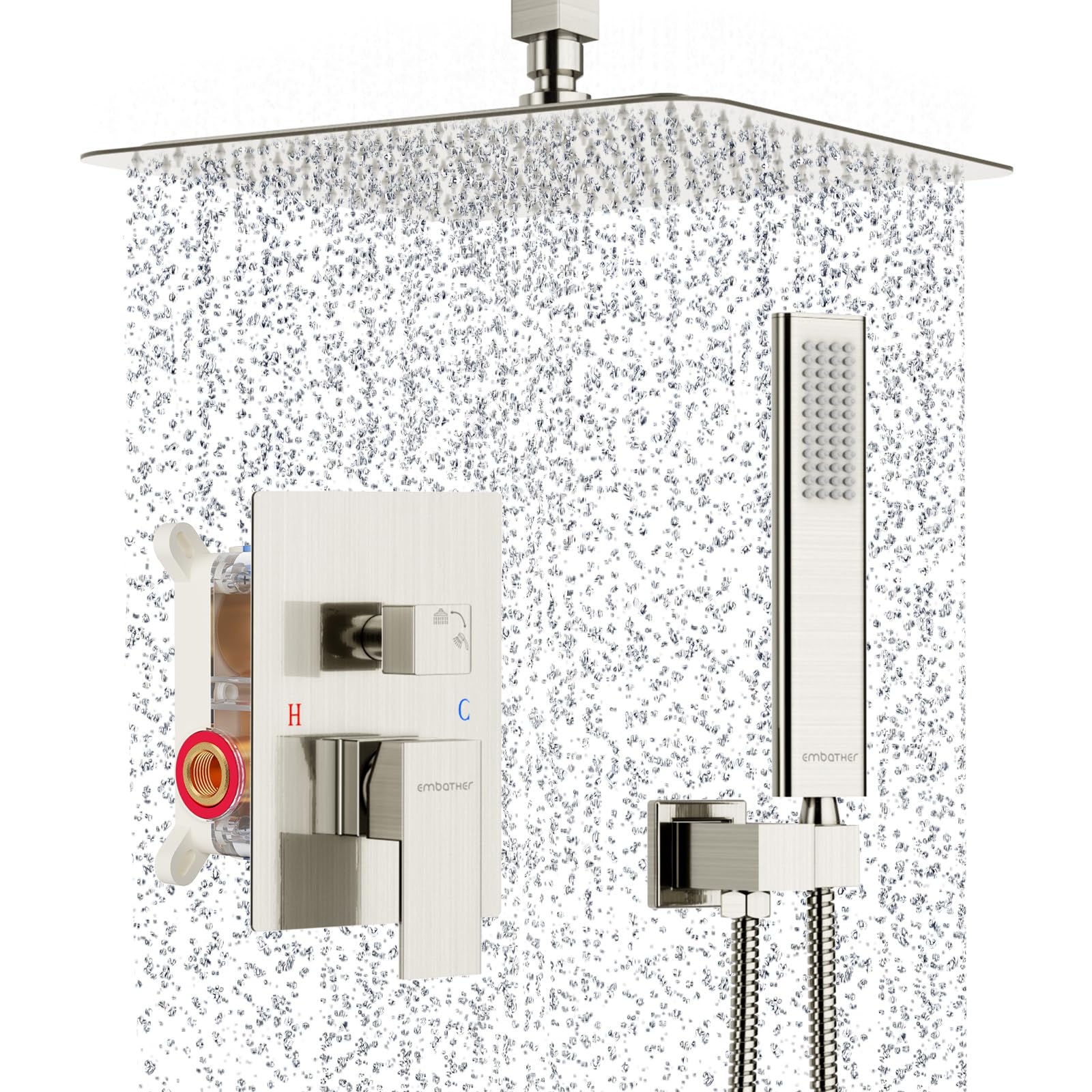 EMBATHER Brushed Nickel Rain Shower System - 10 Inch Rainfall Shower Head with Handheld Spray & Shower Valve - Luxury Bathroom Upgrade for Spa-Like Experience