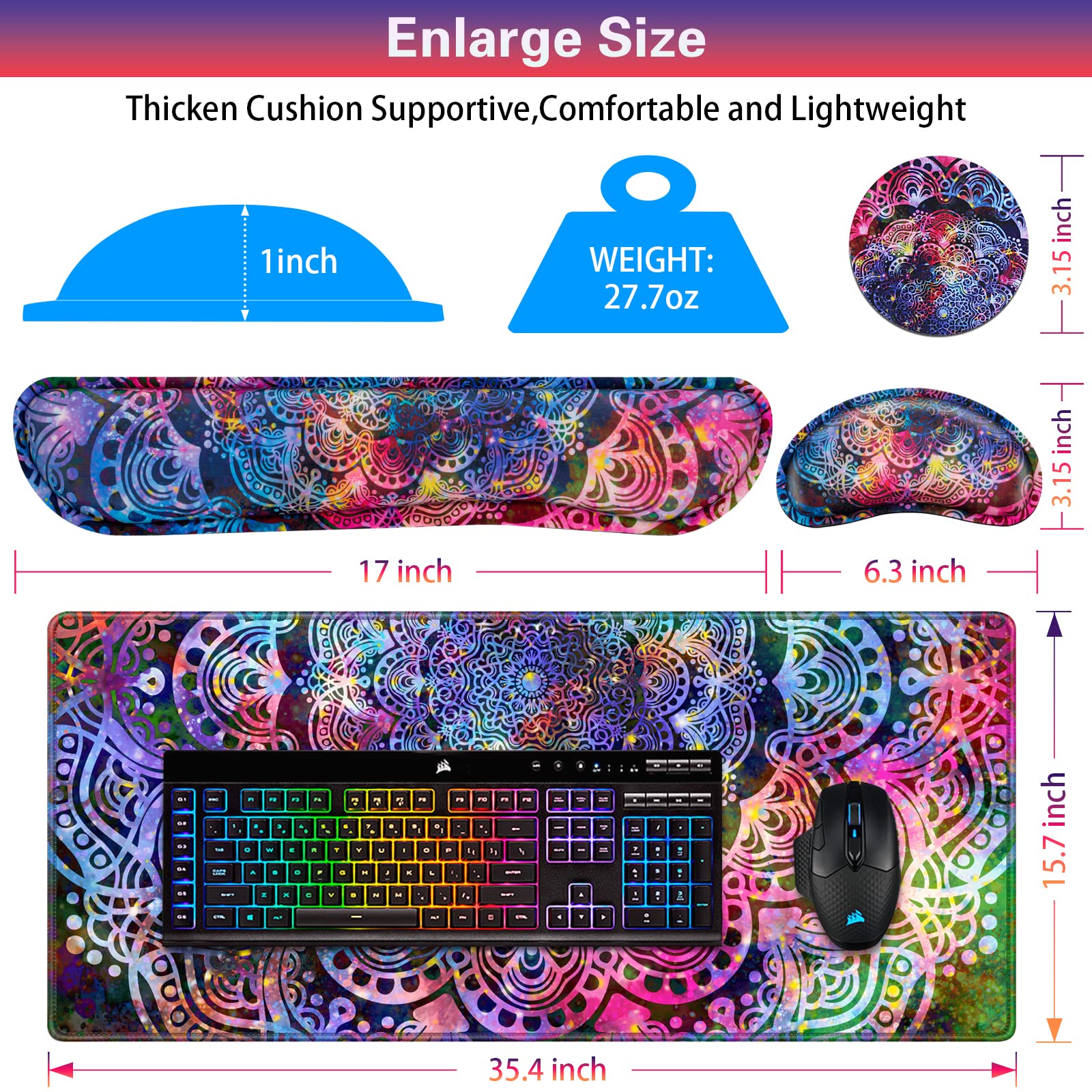 Canjoy 4-in-1 Gaming Mouse Pad Set - XXL Large Mouse Pad with Keyboard Wrist Rest & Coaster (35.4×15.7 in) - Non-Slip Memory Foam Desk Mat for PC Gaming, Office Work & Home Computer Setup - Perfect for Gamers & Professionals