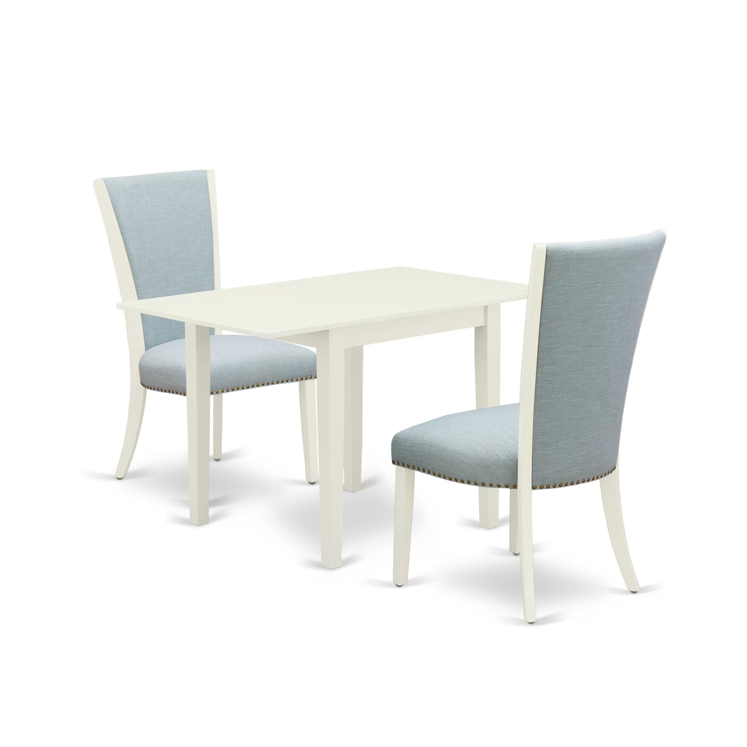 East West Furniture 3 Piece Dining Set with Drop Leaf Table & 2 Baby Blue Linen Chairs - 30x48 Inch Rectangle Table, White Linen Finish - Perfect for Small Spaces, Breakfast Nooks & Cozy Apartment Dining