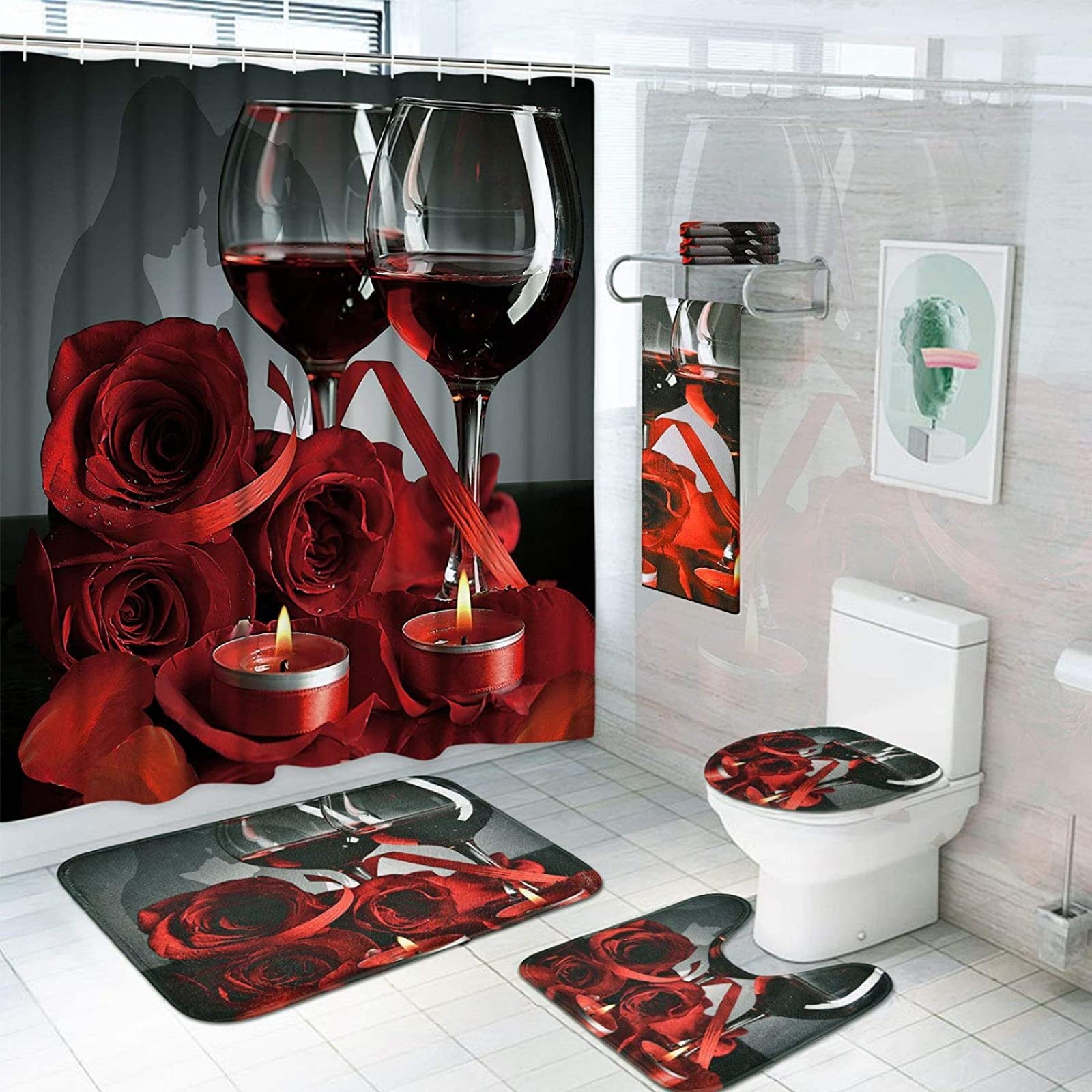 3D Rose Shower Curtain Set with Bath Mat & Toilet Cover - Waterproof Bathroom Decor for Modern Homes | Perfect for Master Bath, Guest Bath & Apartment Decor