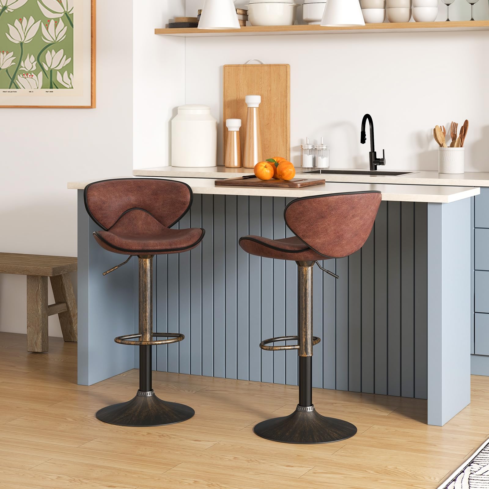 COSTWAY Set of 2 Swivel Bar Stools with Backrest & Footrest - Adjustable Height Counter Stools for Kitchen Island, Home Bar, Dining Room & Pub - Dark Brown Barstools for Comfortable Seating & Stylish Decor