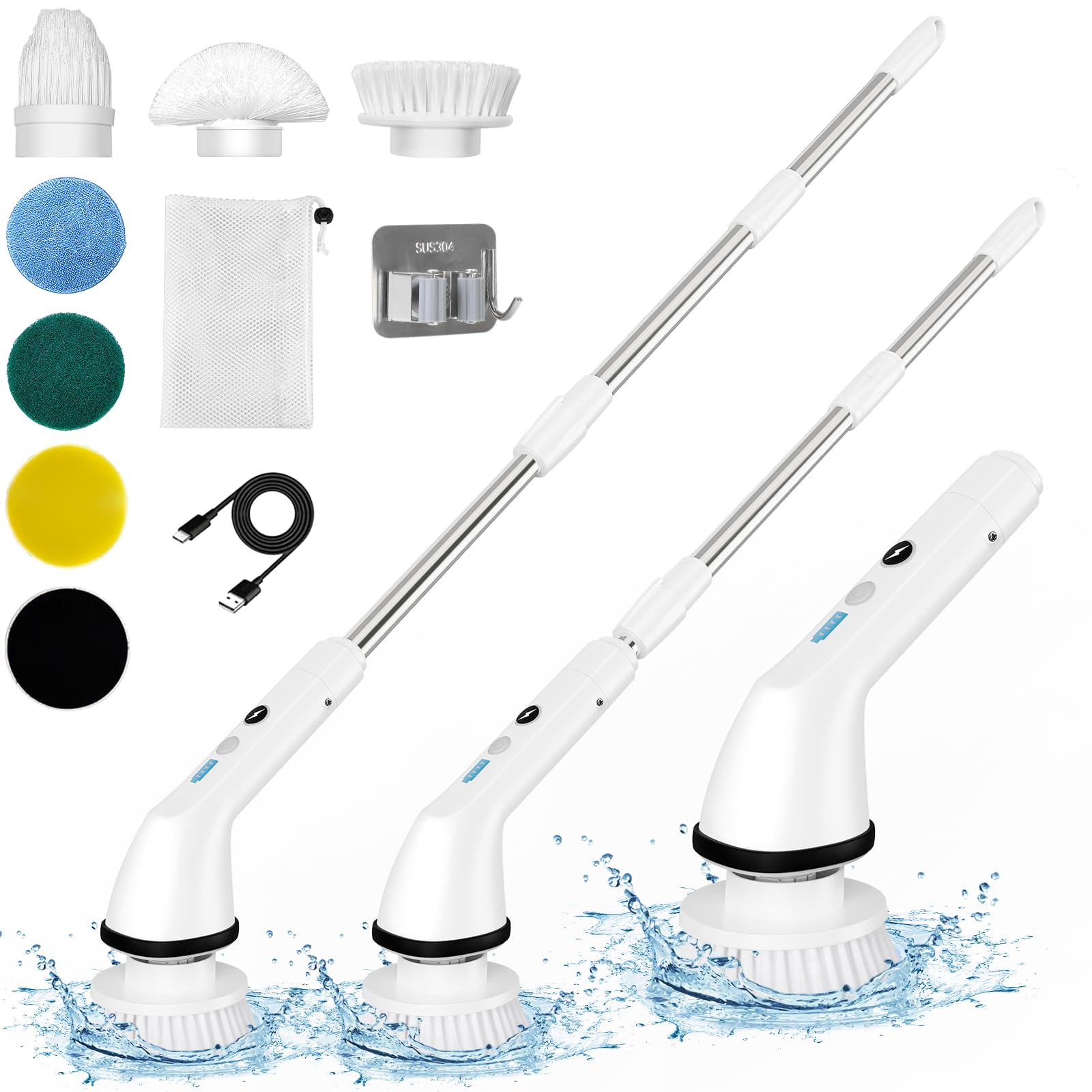 8-in-1 Electric Spin Scrubber with 6 Replaceable Brush Heads & Extension Arm - 450RPM Power Cleaning Brush for Bathroom, Shower, Car, Floor & Tile (Perfect for Deep Cleaning Grout, Bathtubs & Hard-to-Reach Areas)