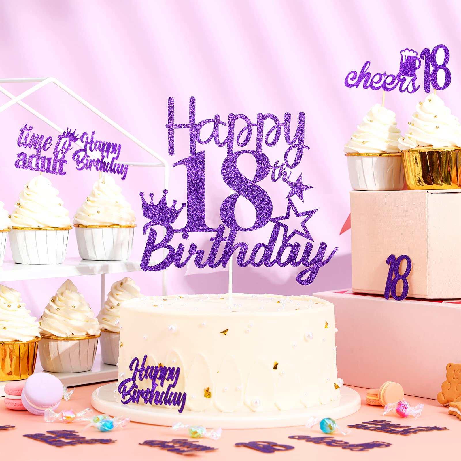 Happy 18th Birthday Cake Toppers - 25 Pack Purple Cake Picks & Cupcake Decorations for Girls | Eighteen Years Old Party Supplies for Birthday Celebrations, Sweet 16 Parties & Milestone Events