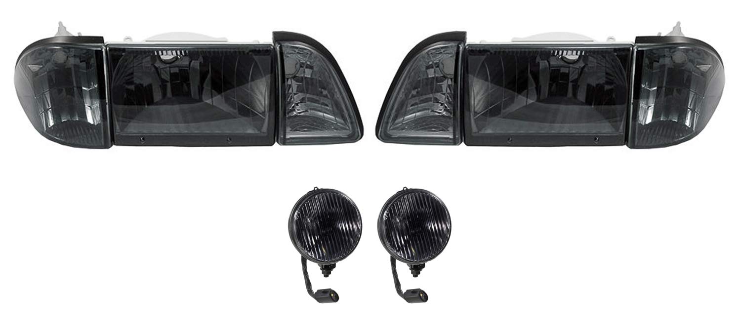 GT Euro Smoked Headlights with Amber Sides & Stock Fog Lights for 1987-1993 Ford Mustang | Upgrade Your Classic Mustang's Style & Nighttime Visibility
