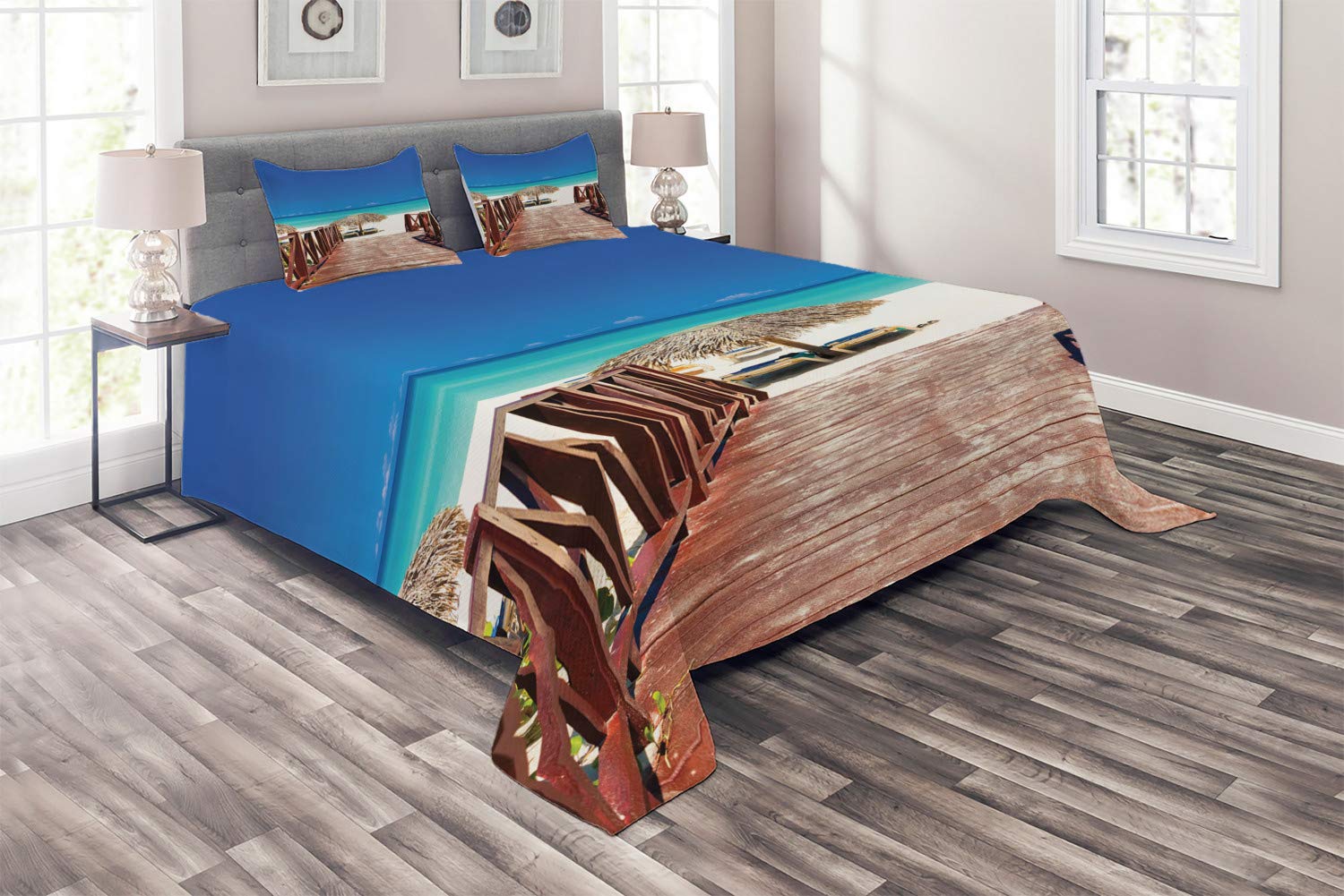 Ambesonne 3-Piece King Size Beach Themed Quilted Bedspread Set with 2 Pillow Shams - Tropical Cuba Summer Ocean Design in Chocolate, Navy & Turquoise - Perfect for Coastal Bedrooms, Beach House Decor & Resort Style Bedding