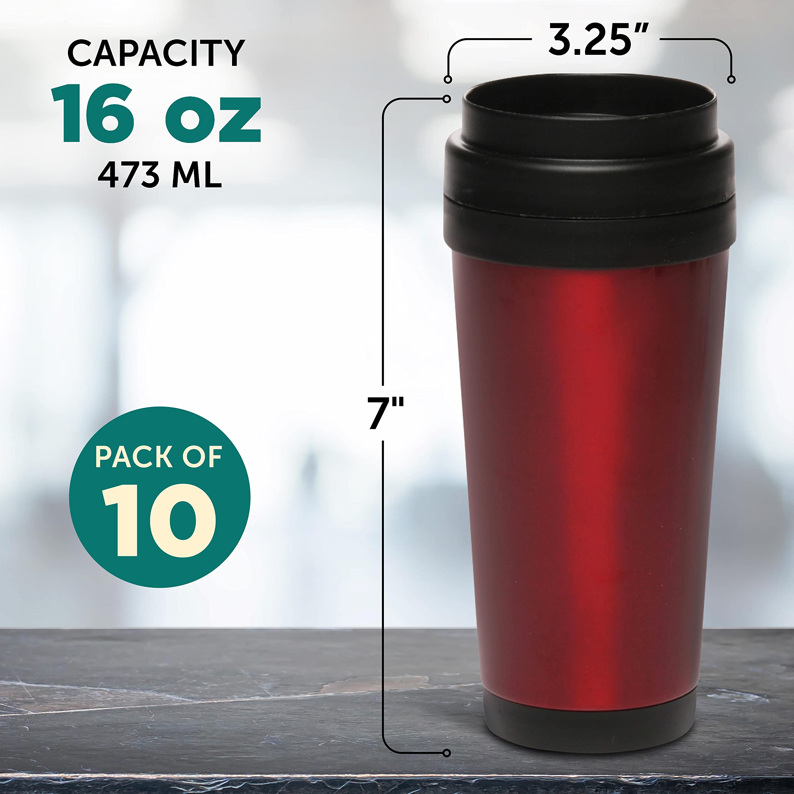 Premium 16oz Insulated Stainless Steel Travel Mugs - Set of 10 Bulk Pack - Double Wall Vacuum Insulation for Hot & Cold Drinks - Keeps Coffee, Tea, Soda Iced or Hot for Hours - Ideal for Office, Camping, Road Trips & Daily Commute - Red