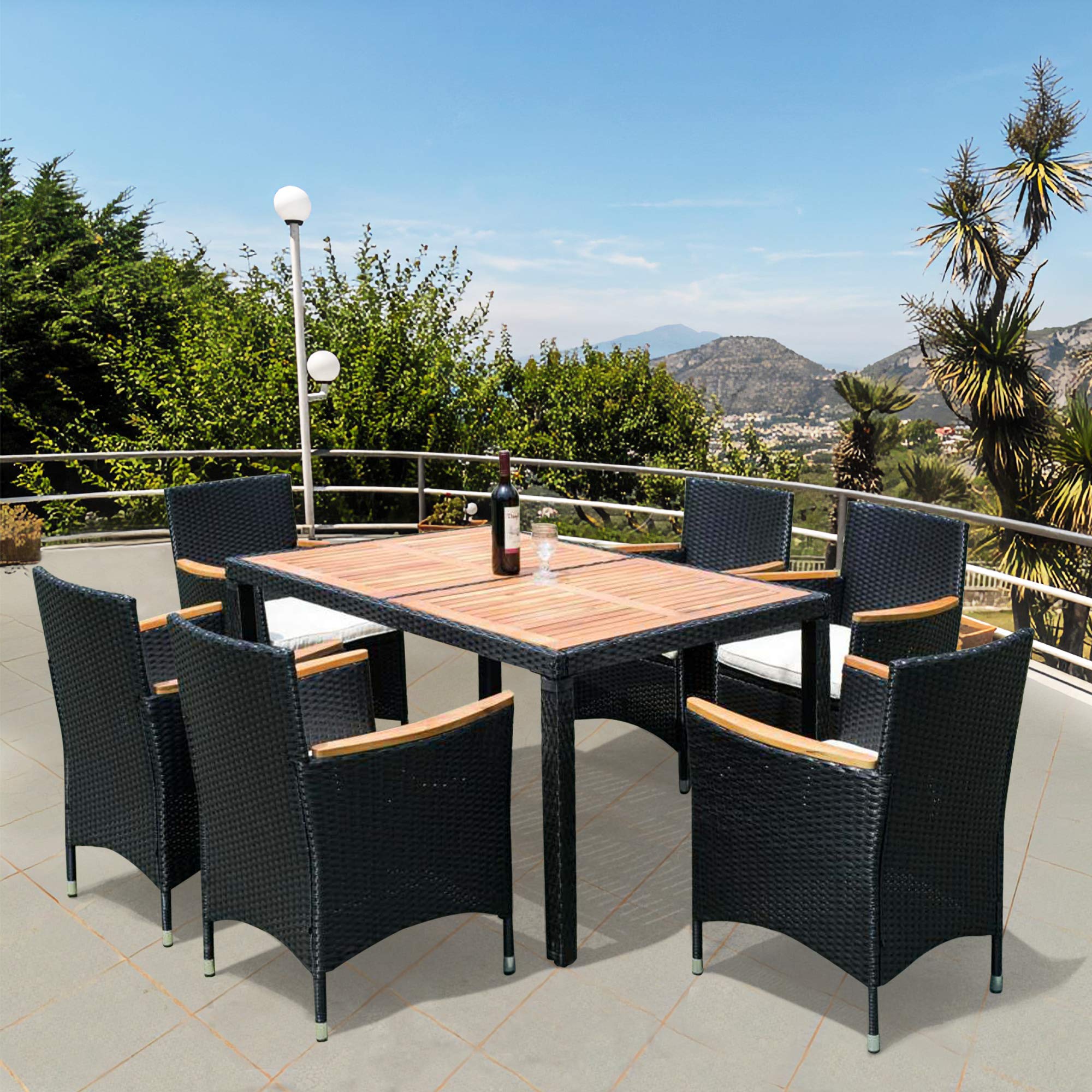 EMKK 7-Piece Patio Dining Set - Acacia Wood & Wicker Outdoor Furniture with Rectangular Table & 6 Cushioned Chairs - Perfect for Garden, Backyard, Poolside & Outdoor Entertaining