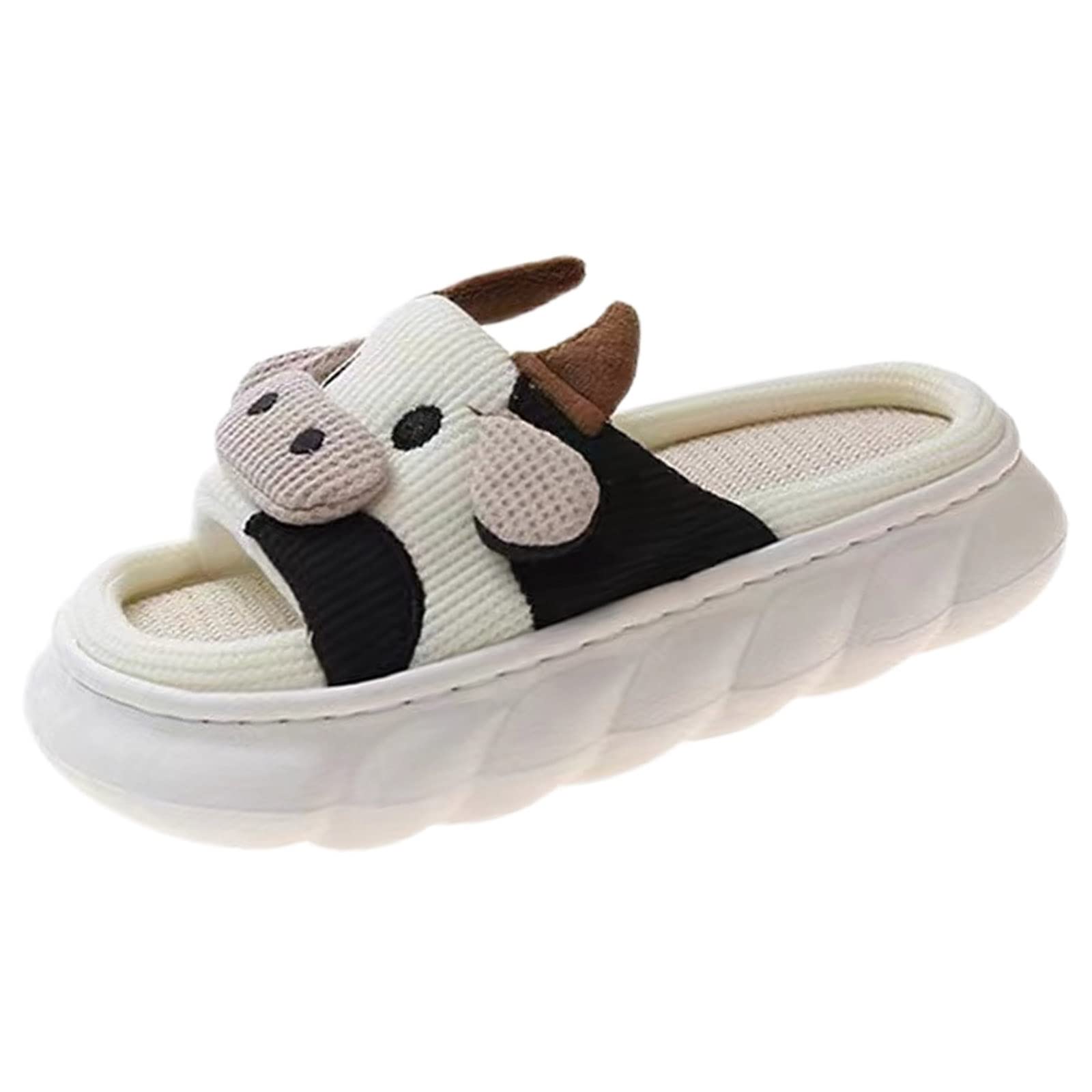 Cute Cartoon Cow Slippers for Women - Soft Cotton Linen Indoor Slides with Non-Slip Sole | Comfortable House Shoes for Lounge, Bedroom & Gift Giving
