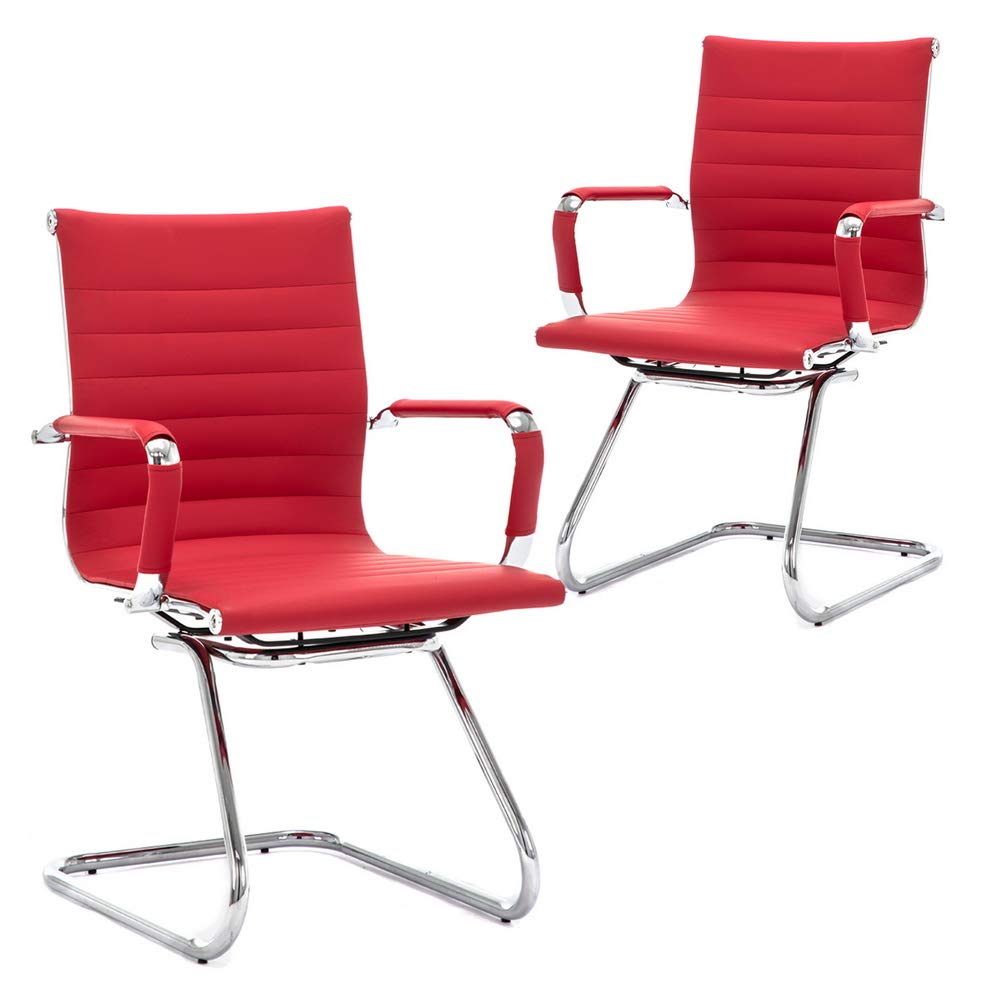 Wahson Office Guest Chairs - No Wheels Leather Reception Chairs, Mid Back Conference Chairs with Sled Base for Waiting Room, Meeting, Lobby or Office - Dark Red (2 Pack) - Perfect for Professional Spaces, Corporate Waiting Areas and Conference Rooms