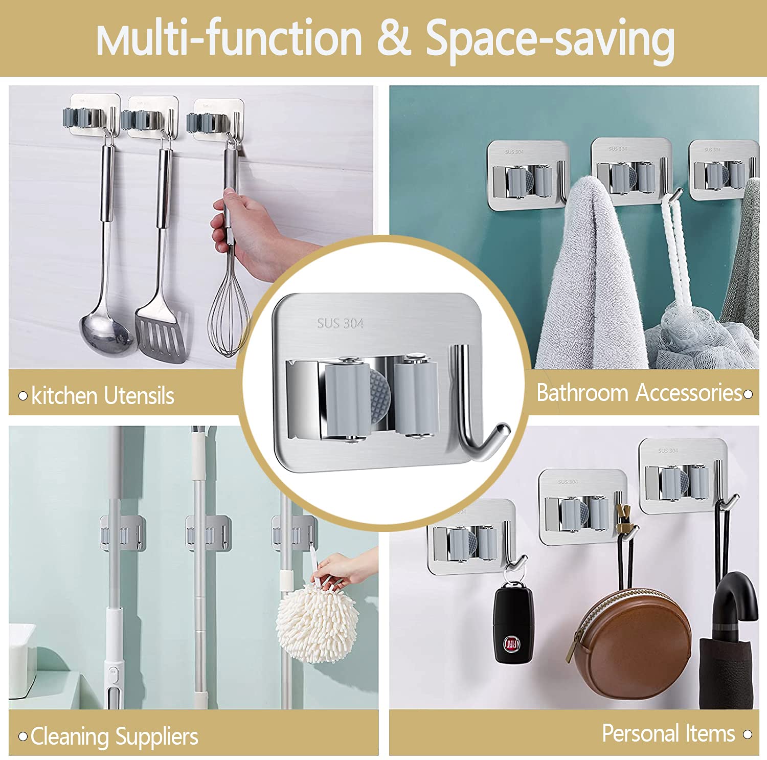 3PCS Heavy Duty 304 Stainless Steel Broom Mop Holder Wall Mount - Durable Utility Storage Rack for Brooms, Mops & Tools - Perfect for Home, Office, Closet & Garden Organization