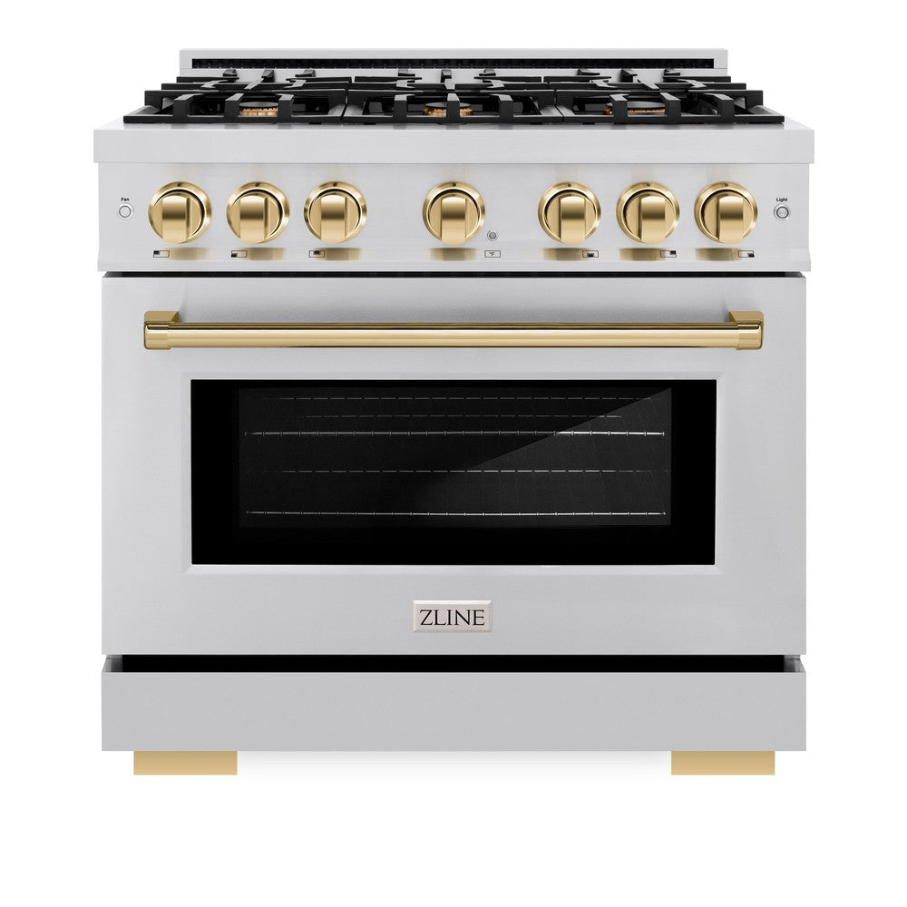 ZLINE Autograph Edition 36 Inch 5.2 Cu. Ft. Select Gas Range with 6 Burner Cooktop & Convection Gas Oven - Stainless Steel with Polished Gold Accents (HGRZ 36 G) | Professional Kitchen Appliance for Home Chefs & Cooking Enthusiasts
