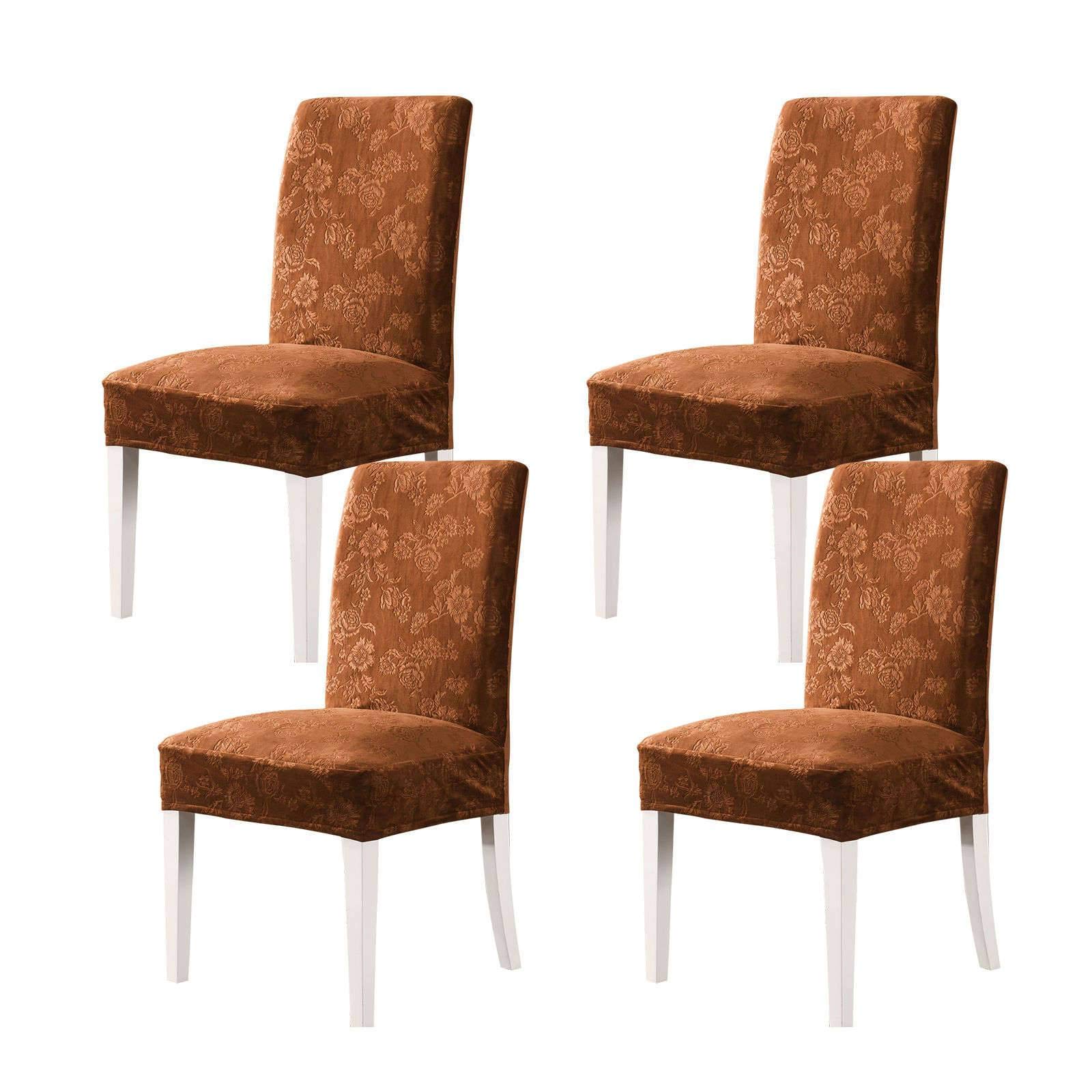 Velvet Printed Dining Chair Covers - Soft Stretch Removable Washable Slipcovers for Restaurant, Banquet & Kitchen (Brown Yellow, 4 Pieces) - Elegant Table Setting & Home Decor