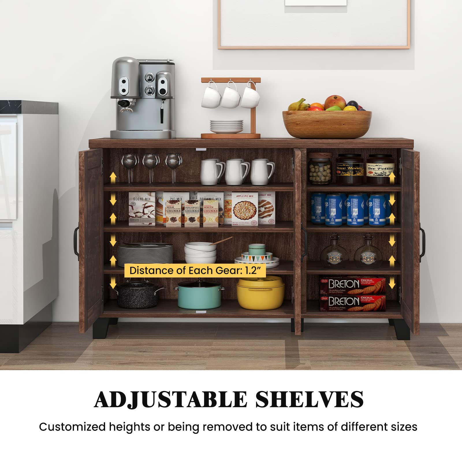 Giantex 3-Door Buffet Cabinet with Adjustable Shelves & Cable Management - Kitchen Storage Cupboard, Coffee Bar Console for Living Room - Anti-Tip Design, Brown (Perfect for Dining Room Storage & Home Organization)
