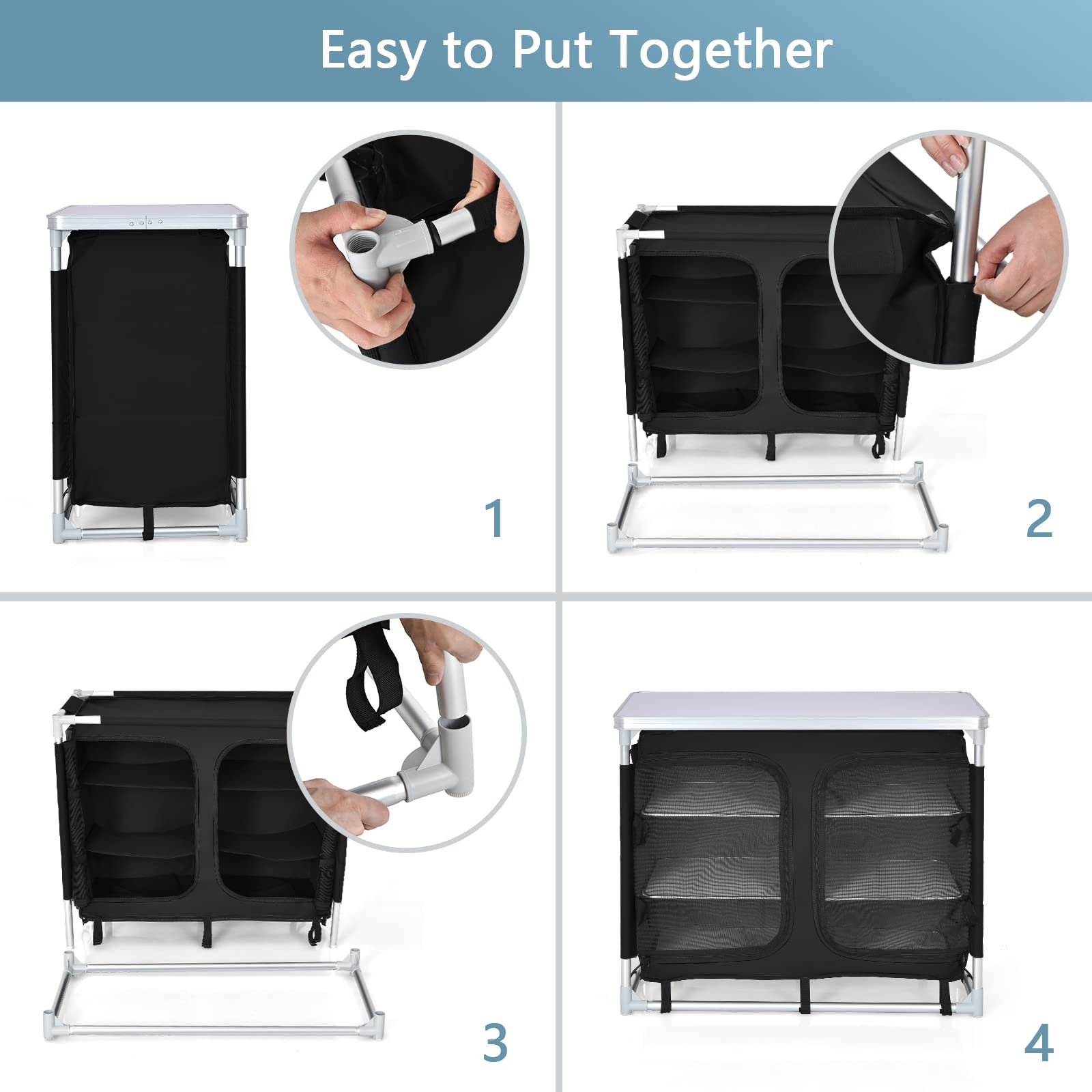 GYMAX Portable Aluminum Camping Table with 6 Zipper Storage Organizers & Carry Bag - Foldable Outdoor Kitchen Station for Camping, BBQ, Picnic, Backyard Grilling (Black) | Perfect for Outdoor Cooking, Tailgating & RV Adventures