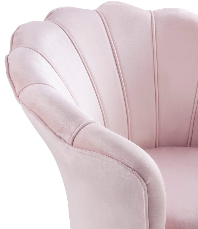 Angelina Pink Velvet Scalloped Back Barrel Accent Chair with Metal Legs - Elegant Living Room Seating for Home Office, Bedroom & Lounge Areas
