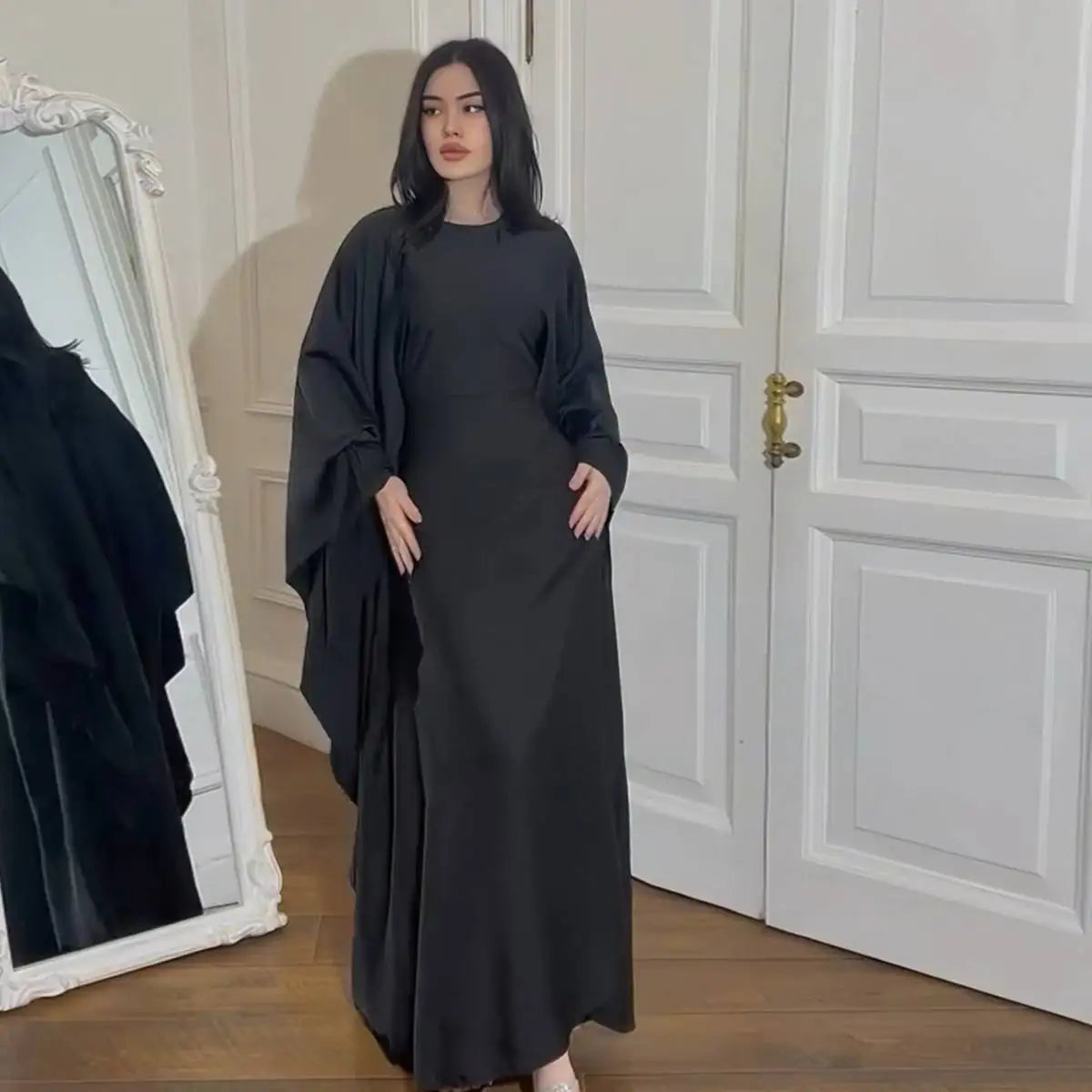 Gleam Satin Batwing Sleeve Women's Farasha Abaya Dress - Elegant Islamic Modest Dress for Prayer, Wedding & Special Occasions