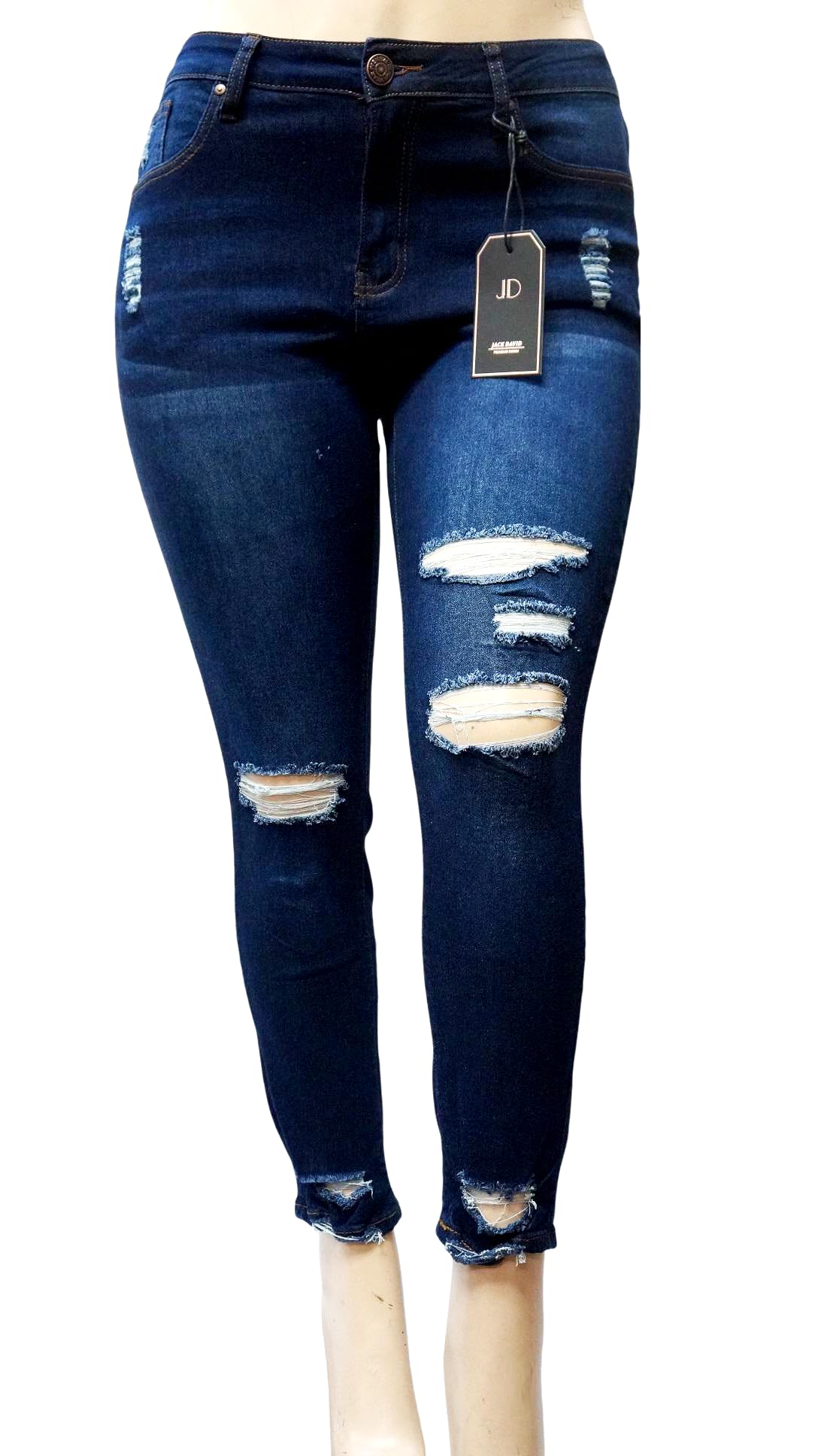 Jack David Women's Plus Size Ripped Distressed Blue Denim Stretch Jeans - Comfortable High Waisted Skinny Pants for Casual Wear & Everyday Outfits