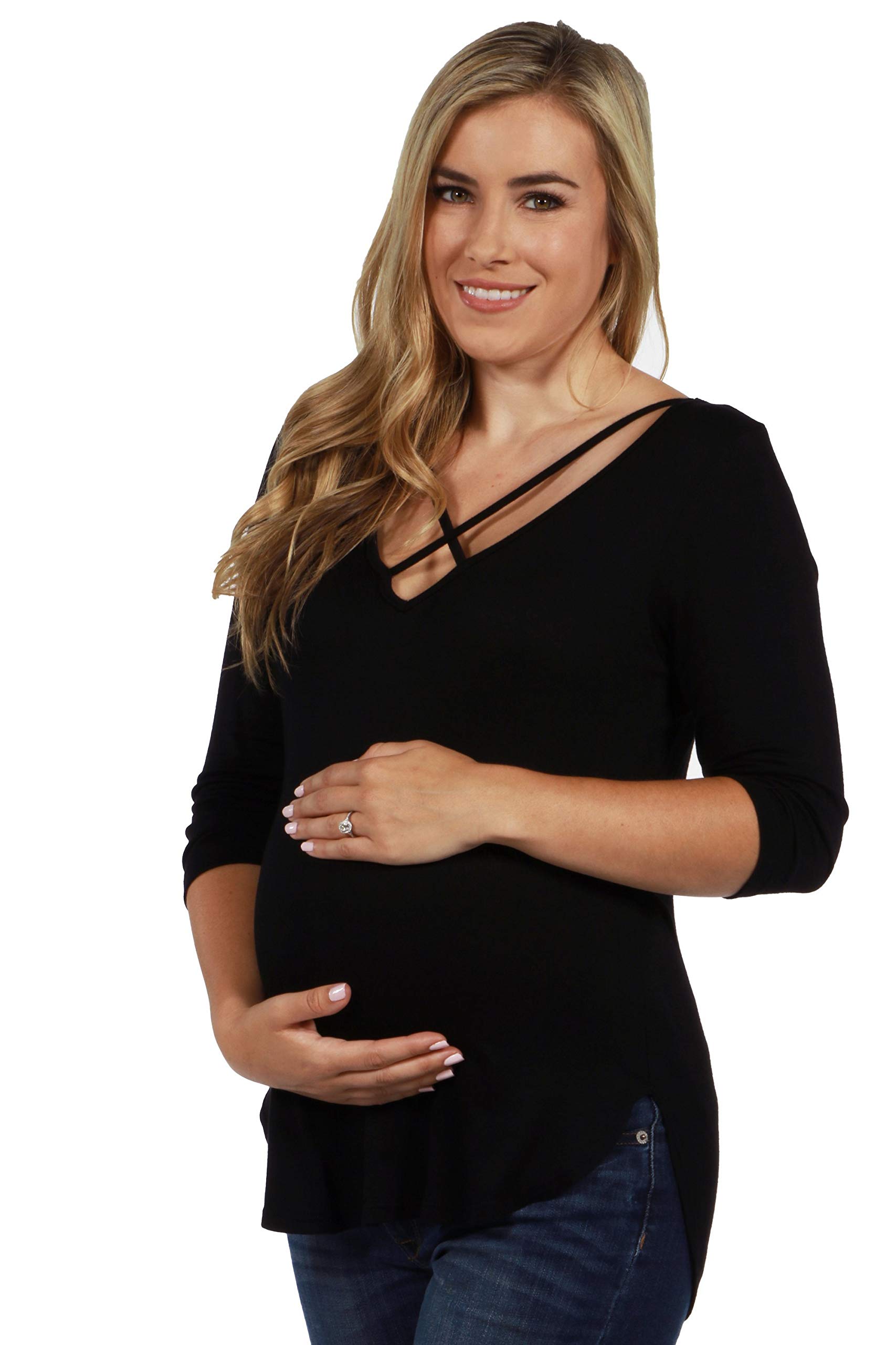 24Seven Comfort Apparel Criss Cross Round Hemline Maternity Tunic Top - Soft Stretchy Pregnancy Shirt for Women | Perfect for Work, Casual Wear & Maternity Photos