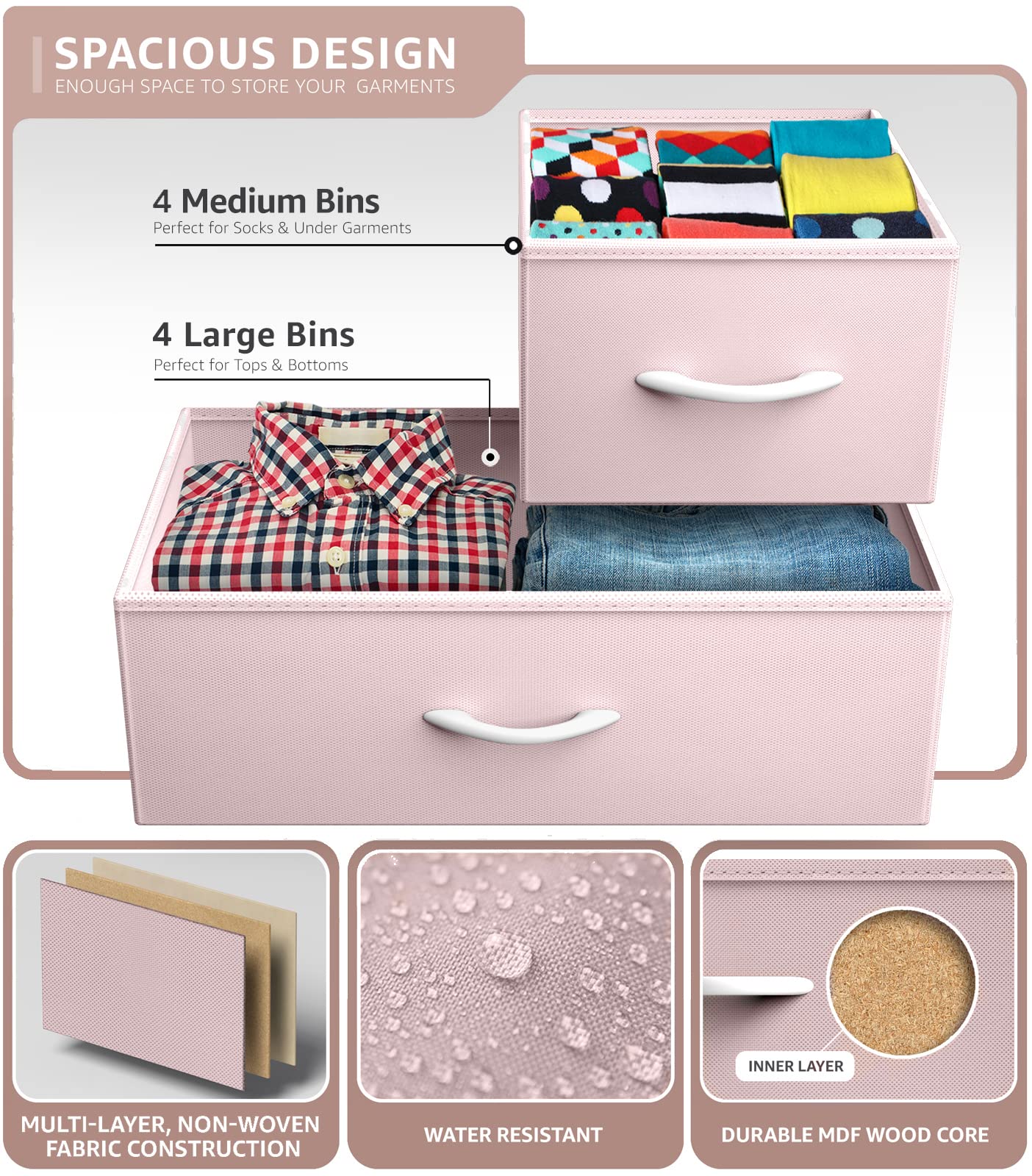 Sorbus 8-Drawer Dresser with Steel Frame & Wood Top - Kids Bedroom Storage Organizer for Clothes, Toys, Nursery & Playroom - Pink Fabric Bins for Home Organization & Space Saving