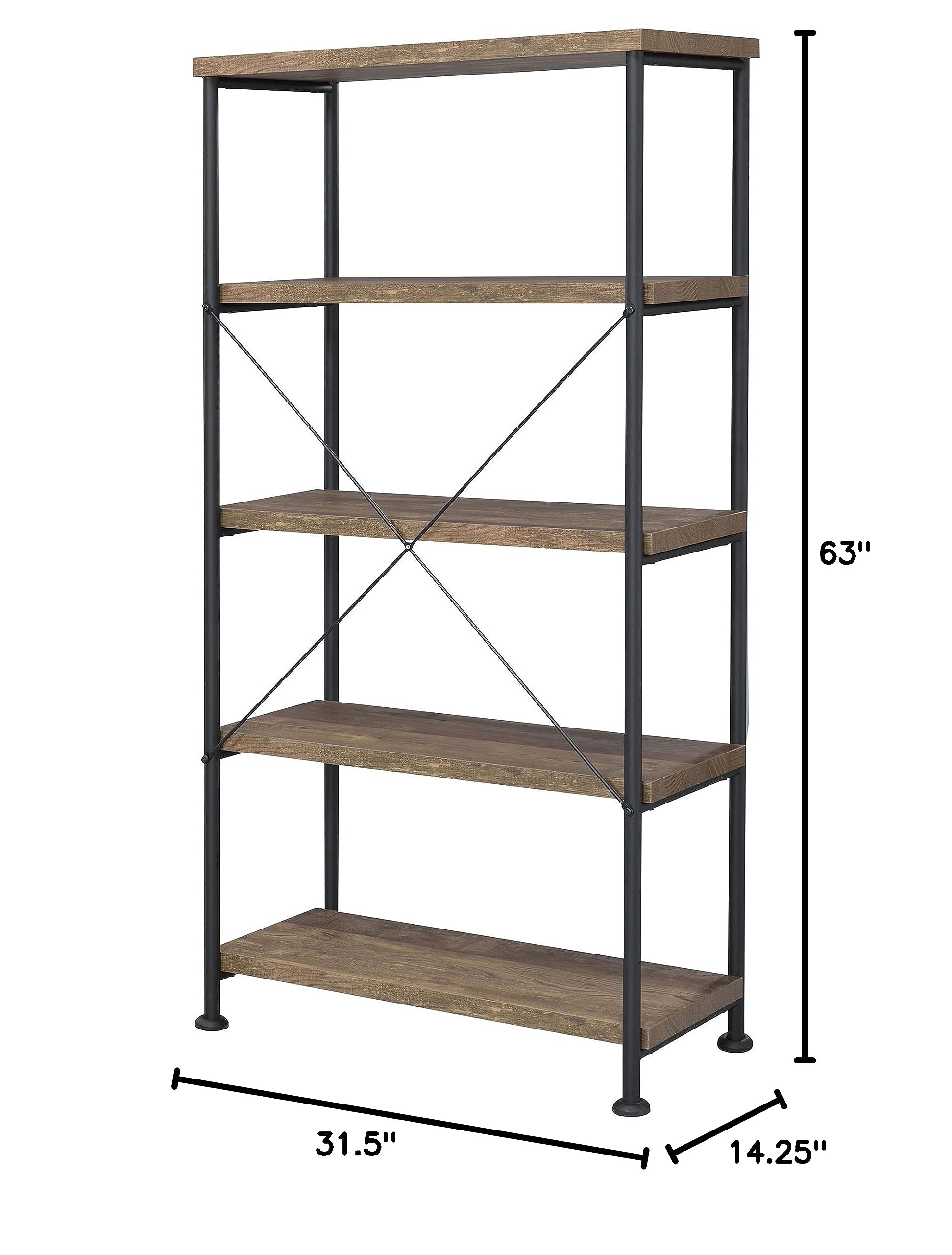 Coaster Furniture Analiese Rustic Industrial 4-Shelf Bookcase - Brown Oak & Black Composite Wood Shelves with Metal Frame - Perfect for Living Room, Office & Bedroom Storage