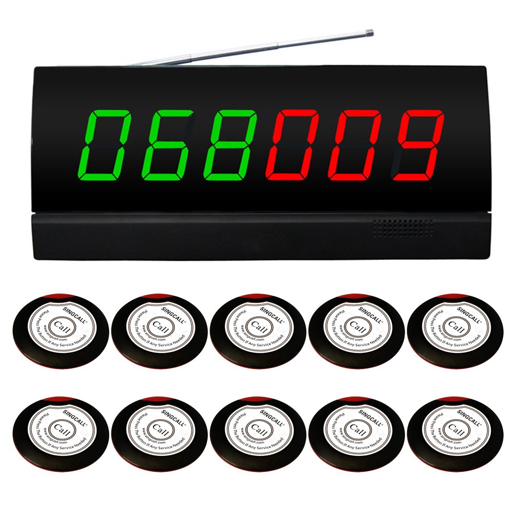 SINGCALL Wireless Waiter Paging System - 10 Buzzers & 1 Receiver (Model APE2600) for Restaurants, Shops, Banks - Efficient Staff Communication Solution