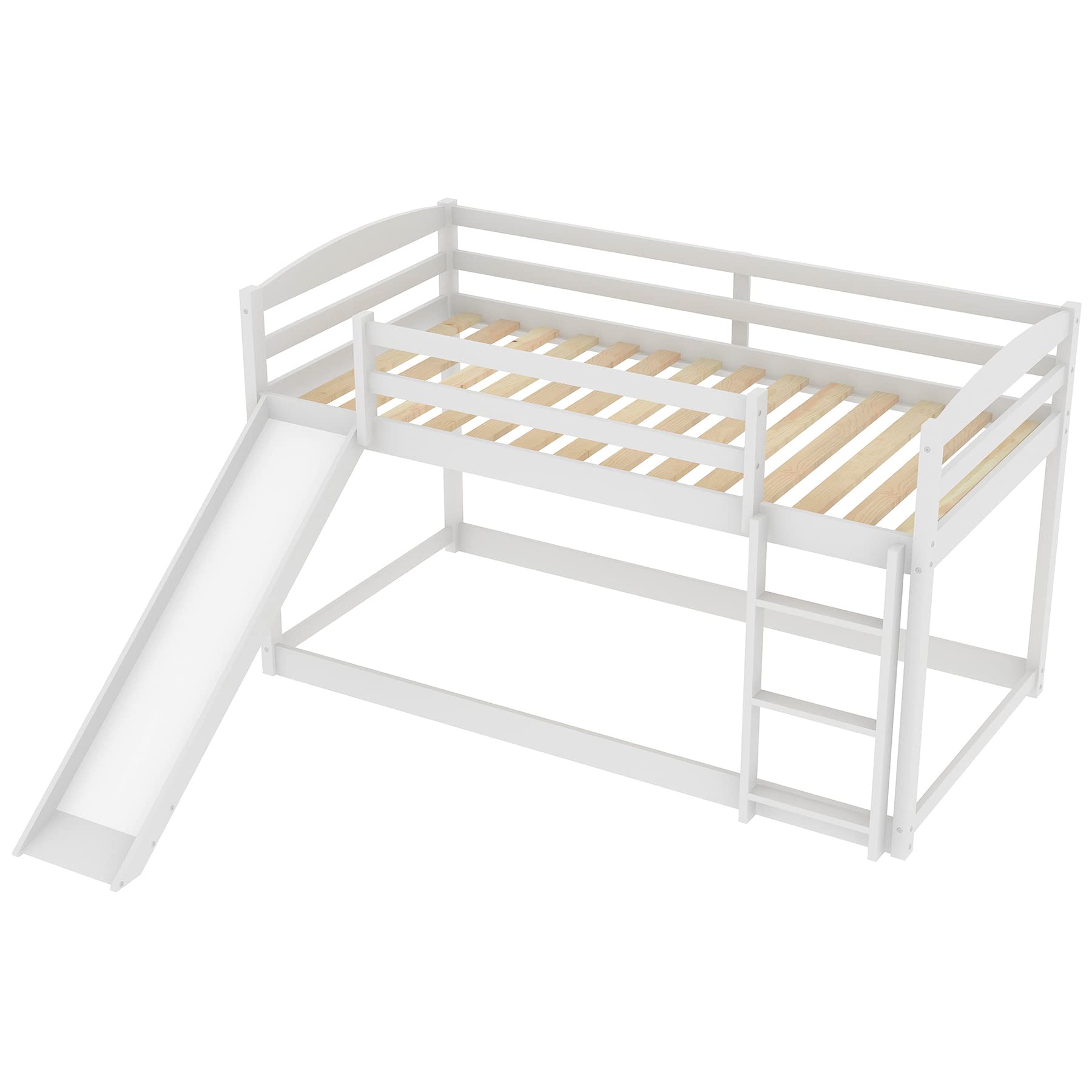 Twin Over Twin Bunk Bed with Slide & Ladder - Solid Wood Low Profile Bunk Bed with Slat Support - Space Saving Kids Bedroom Furniture - No Box Spring Needed - Perfect for Small Rooms, Shared Kids' Rooms & Vacation Homes (White)