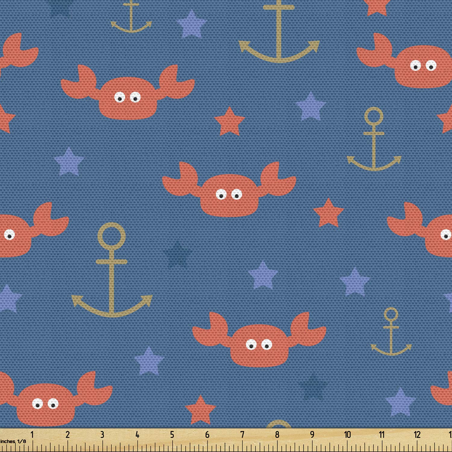 Ambesonne Under The Sea Fabric by The Yard - Cartoon Style Sea Crabs, Stars & Anchors Print - 10 Yards Blue Orange Pale Brown Upholstery Fabric for Sofa, Curtains & Home Decor - Perfect for Coastal & Nautical Themed Rooms