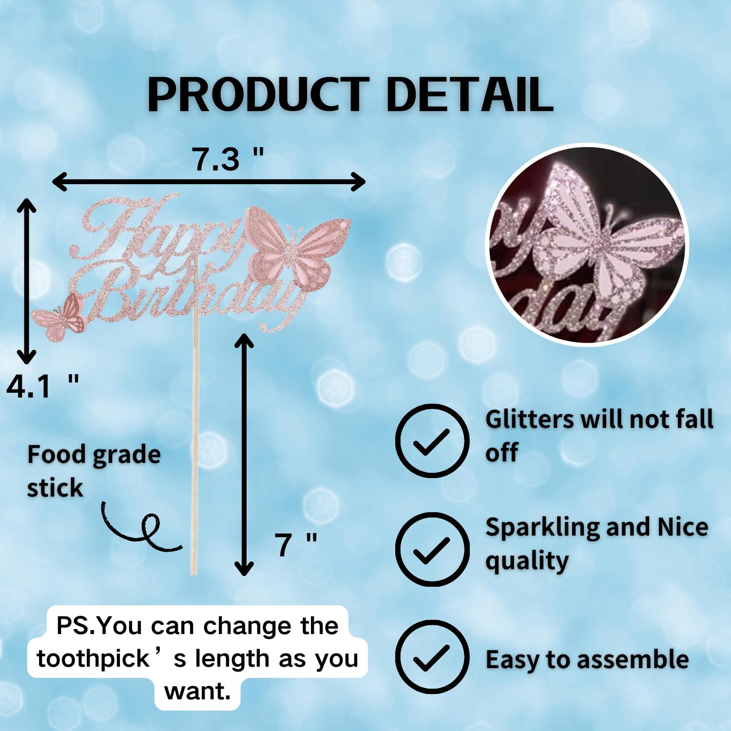 ALISSAR 3D Handmade Rose Gold Happy Birthday Cake Topper with Butterfly - Elegant Cake Decorations for Women's & Girls' Birthday Parties - Perfect for Wedding, Baby Shower, Anniversary Celebrations