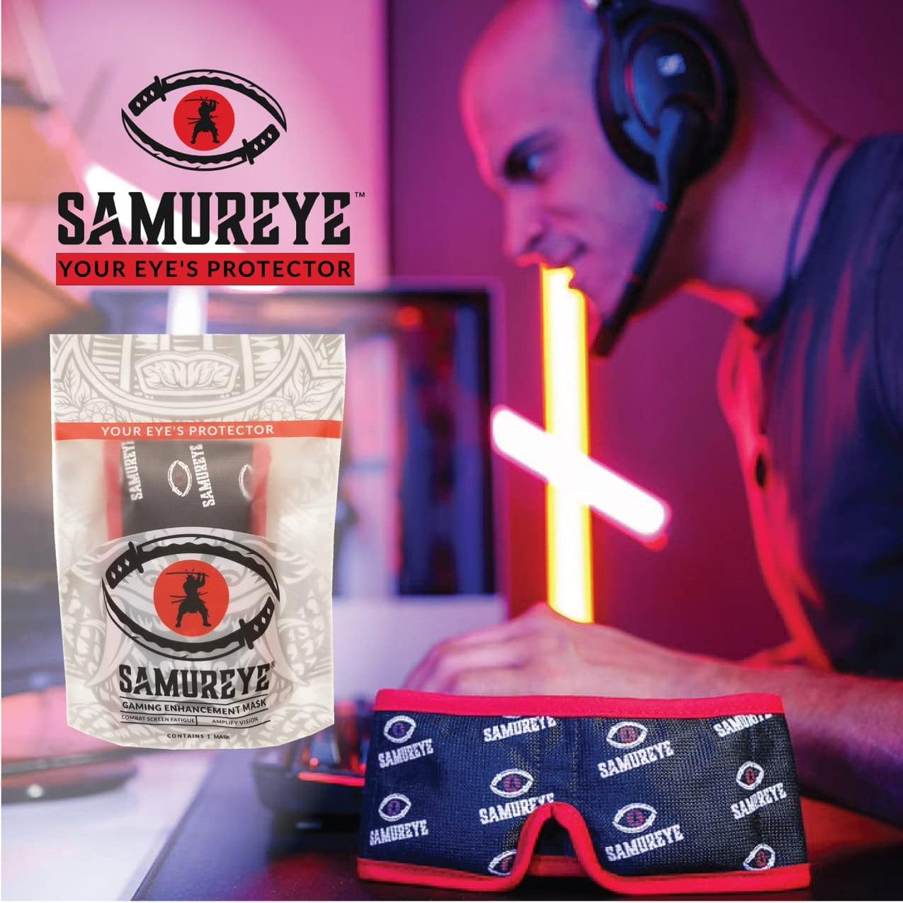 Bruder Samureye Gaming Enhancement Mask - Microwaveable Moist Heat Eye Mask for Gamers - Improves Gaming Performance & Faster Reaction Times - Rejuvenates & Refreshes Tired Eyes - Comfortable Adjustable & Hand Washable - Perfect for Esports, Late Night Gaming & Eye Strain Relief