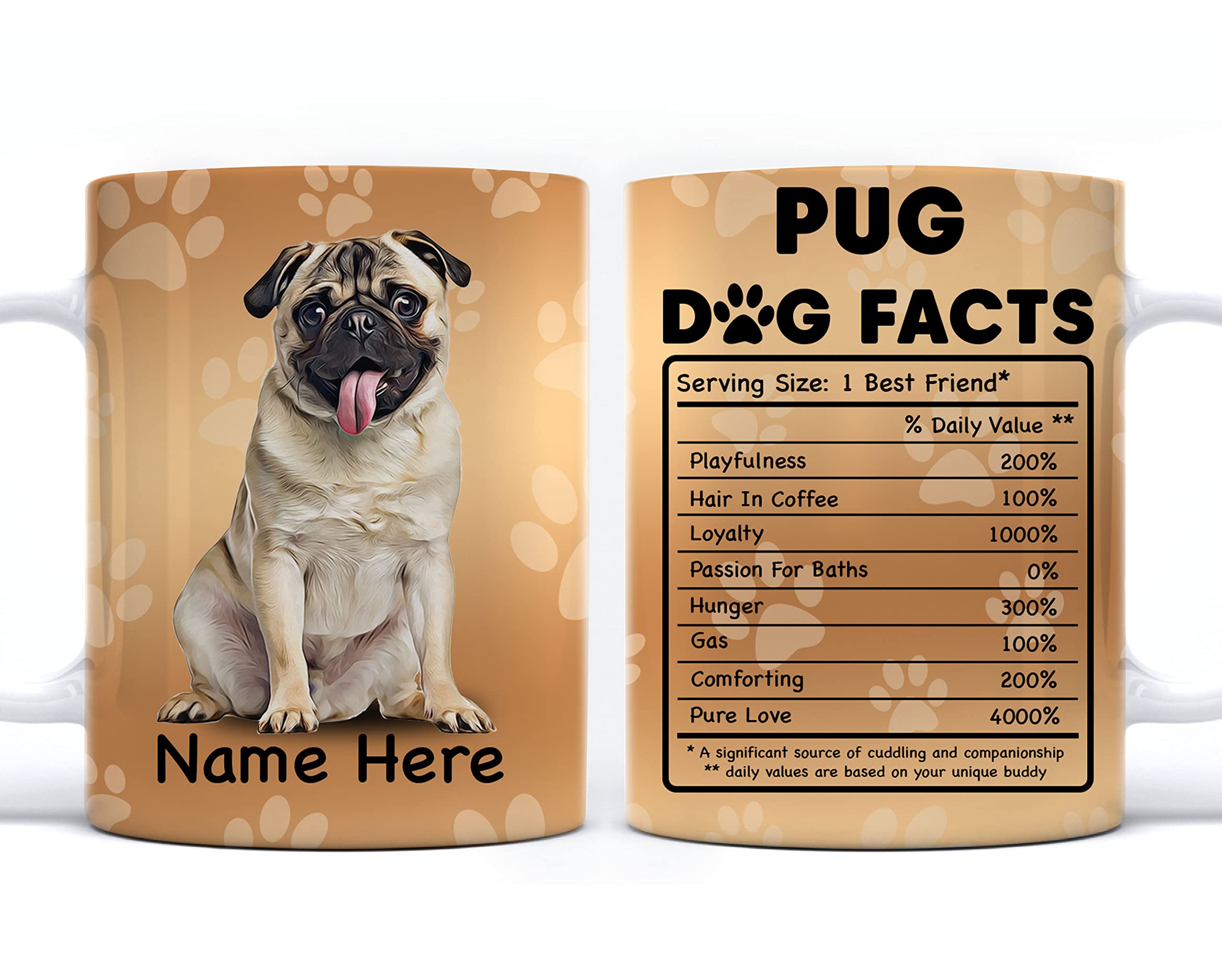 PREZZY Pug Nutrition Facts Ceramic Coffee Mug - 11oz & 15oz Funny Dog Lovers Gift, Personalized Novelty Cup for Best Friends | Vintage Inspirational Birthday Present for Dog Owners - Perfect for Morning Coffee, Office Use & Gift Giving