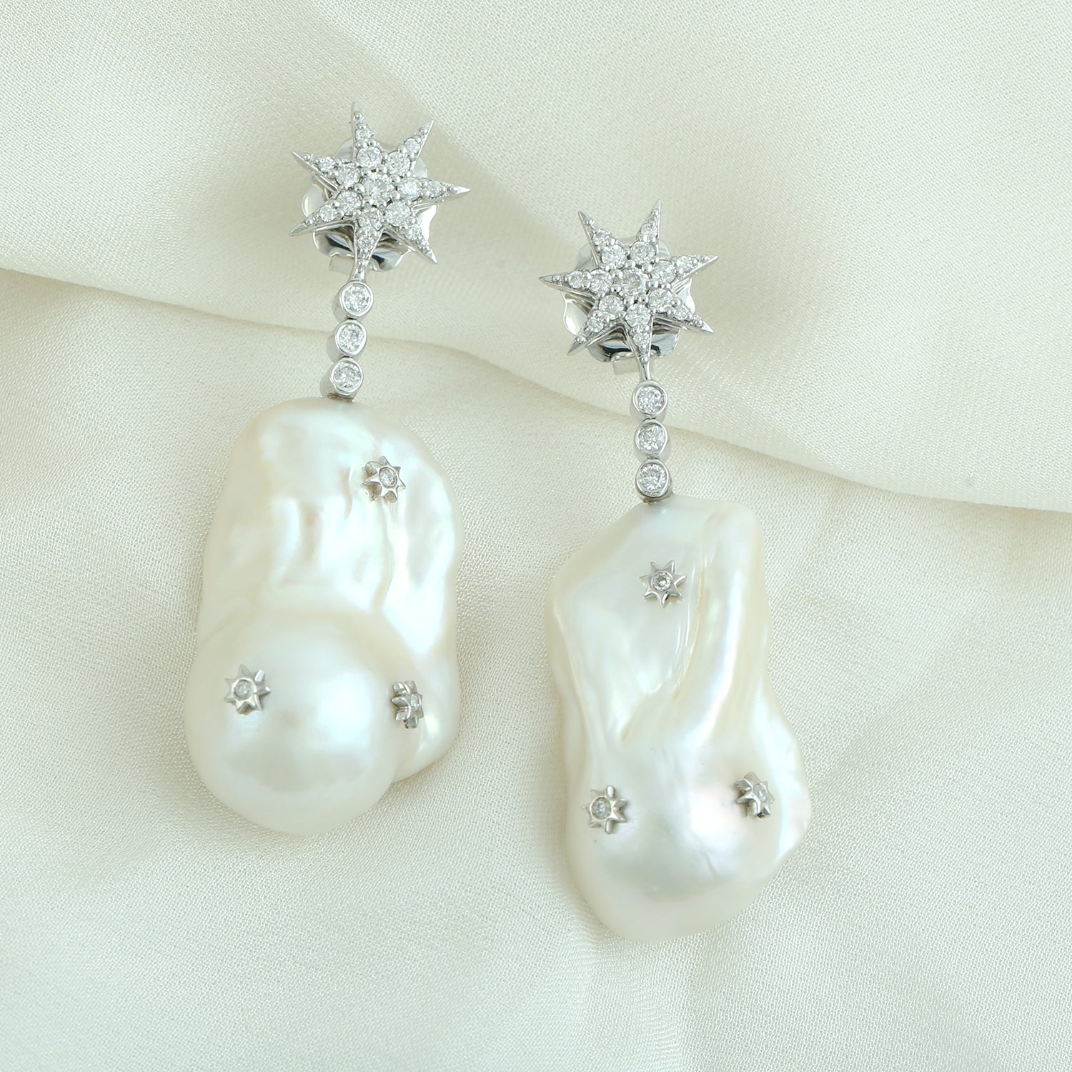 18K White Gold Pearl and Diamond Star Dangle Earrings – Elegant Pave Diamond Star Design with Uneven Pearls for Women, Perfect for Weddings, Parties and Special Occasions