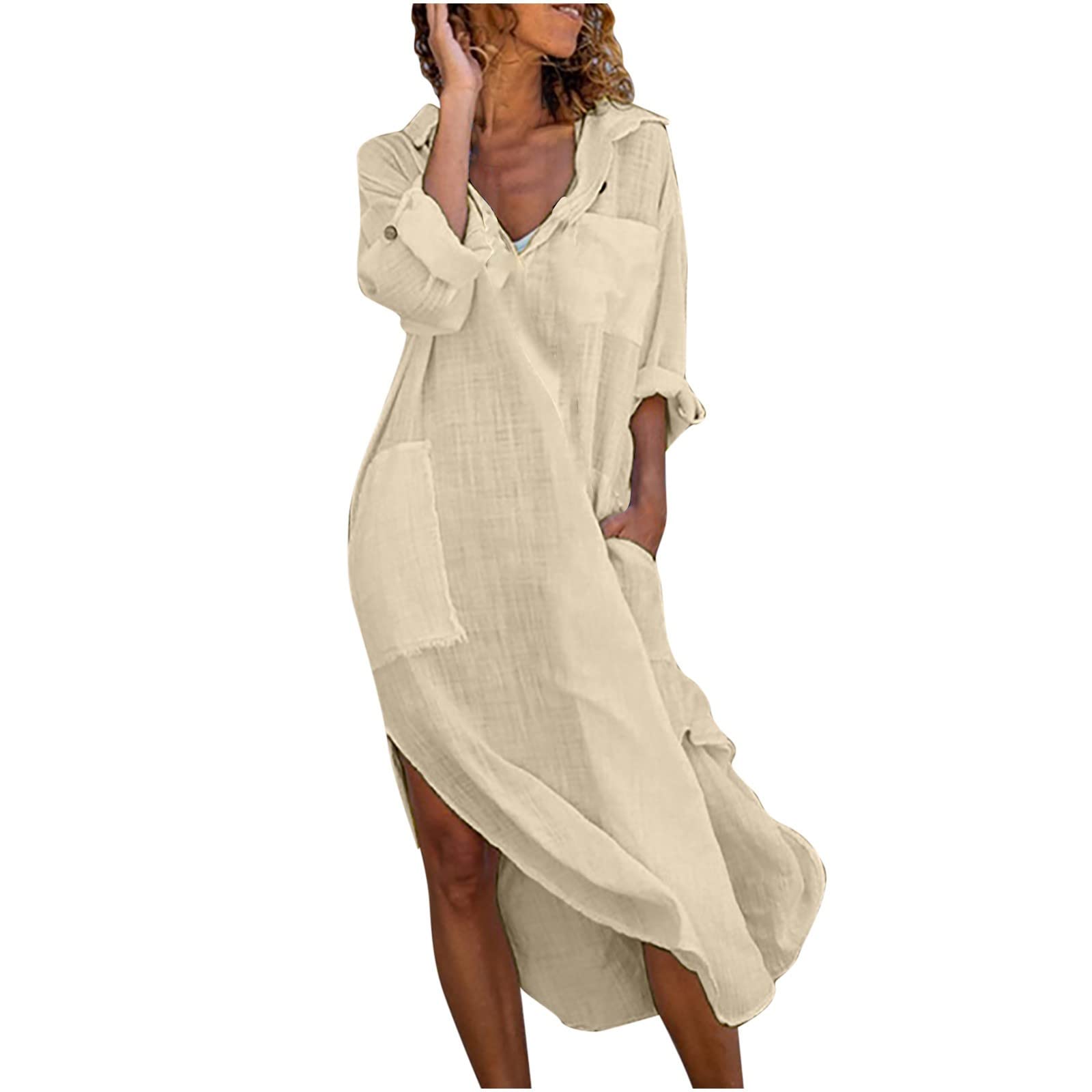 Ceboyel Women's Summer Casual Long Sleeve Dress - Cotton Linen Shirt Dress for Women, Trendy Ladies Outfits 2023 - Perfect for Beach, Office & Date Night